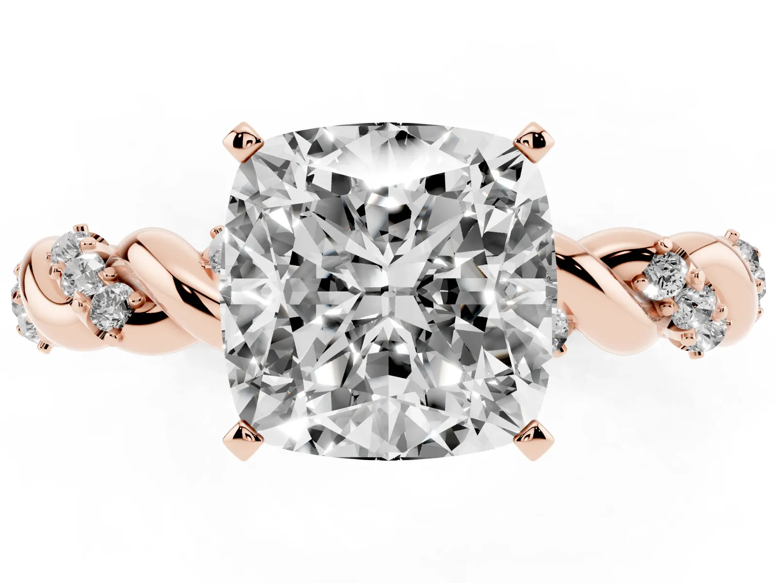 Cushion Cut Diamond Solitaire Ring with Twisted Band and Pavé Accents Rose gold