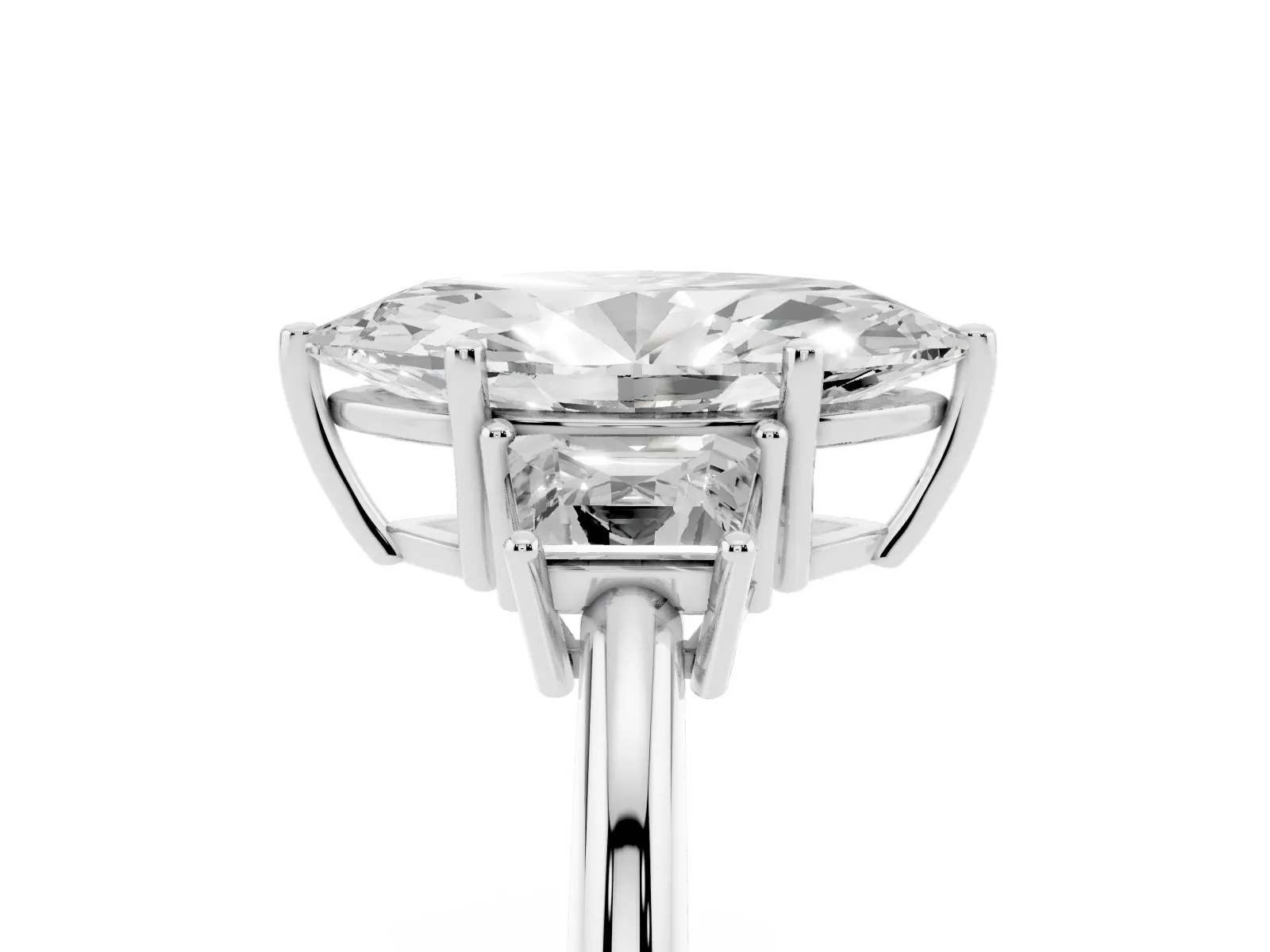 Marquise Cut Diamond Three-Stone Ring with Trapezoid Side Stones and Prong Setting Platinum