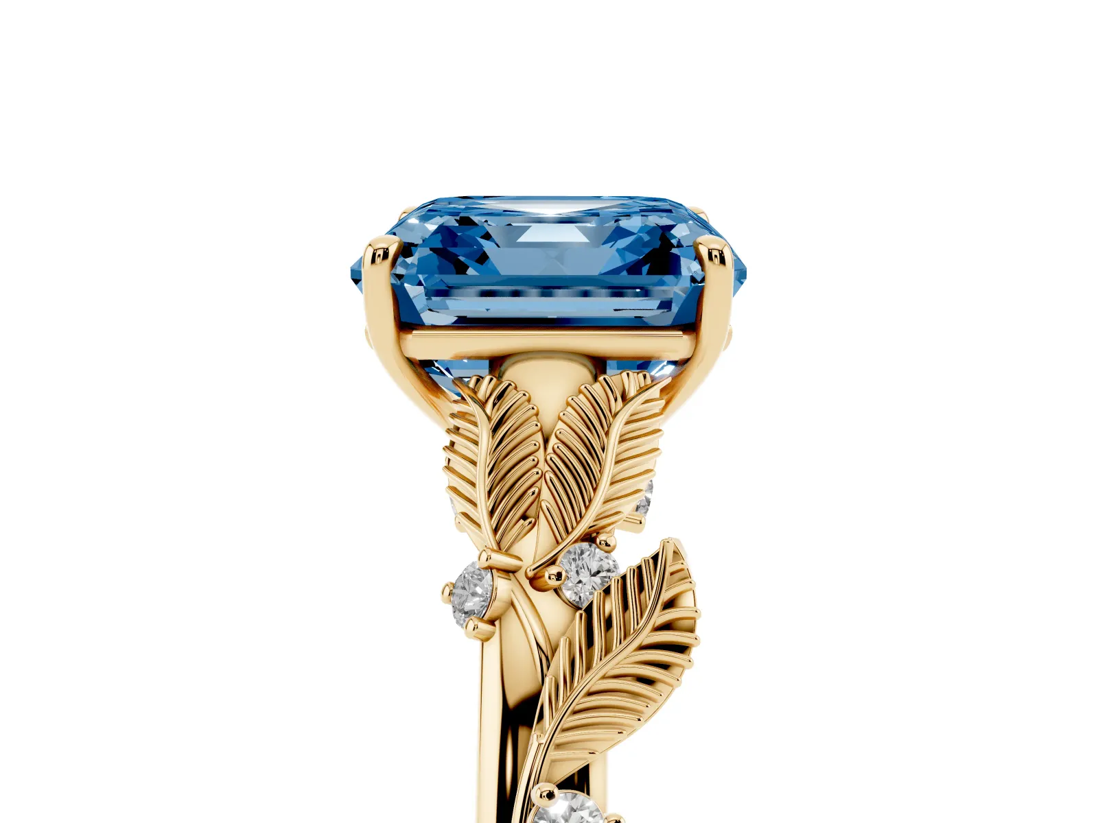 Fancy Blue Asscher Cut Diamond Solitaire Ring with Leaf Motif Band and Four-Prong Setting Yellow gold