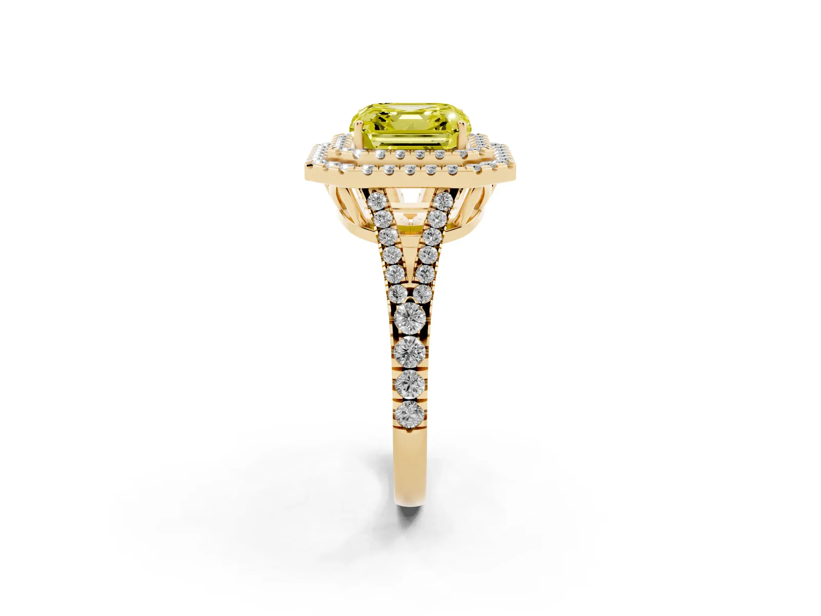 Fancy Yellow Asscher Cut Diamond Double Halo Ring with Pavé Band and Prong Setting Yellow gold