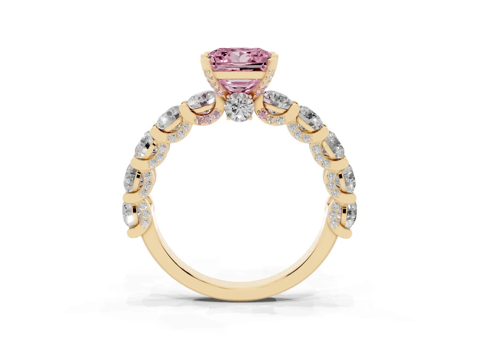 Fancy Pink Princess Cut Diamond Side Stone Engagement Ring with Four-Prong Setting Yellow gold