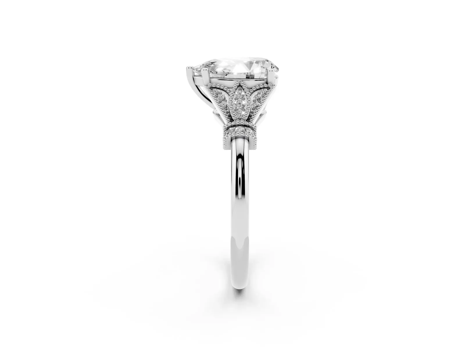 Pear Cut Diamond Solitaire Ring with Floral Filigree and Pave Accents Platinum