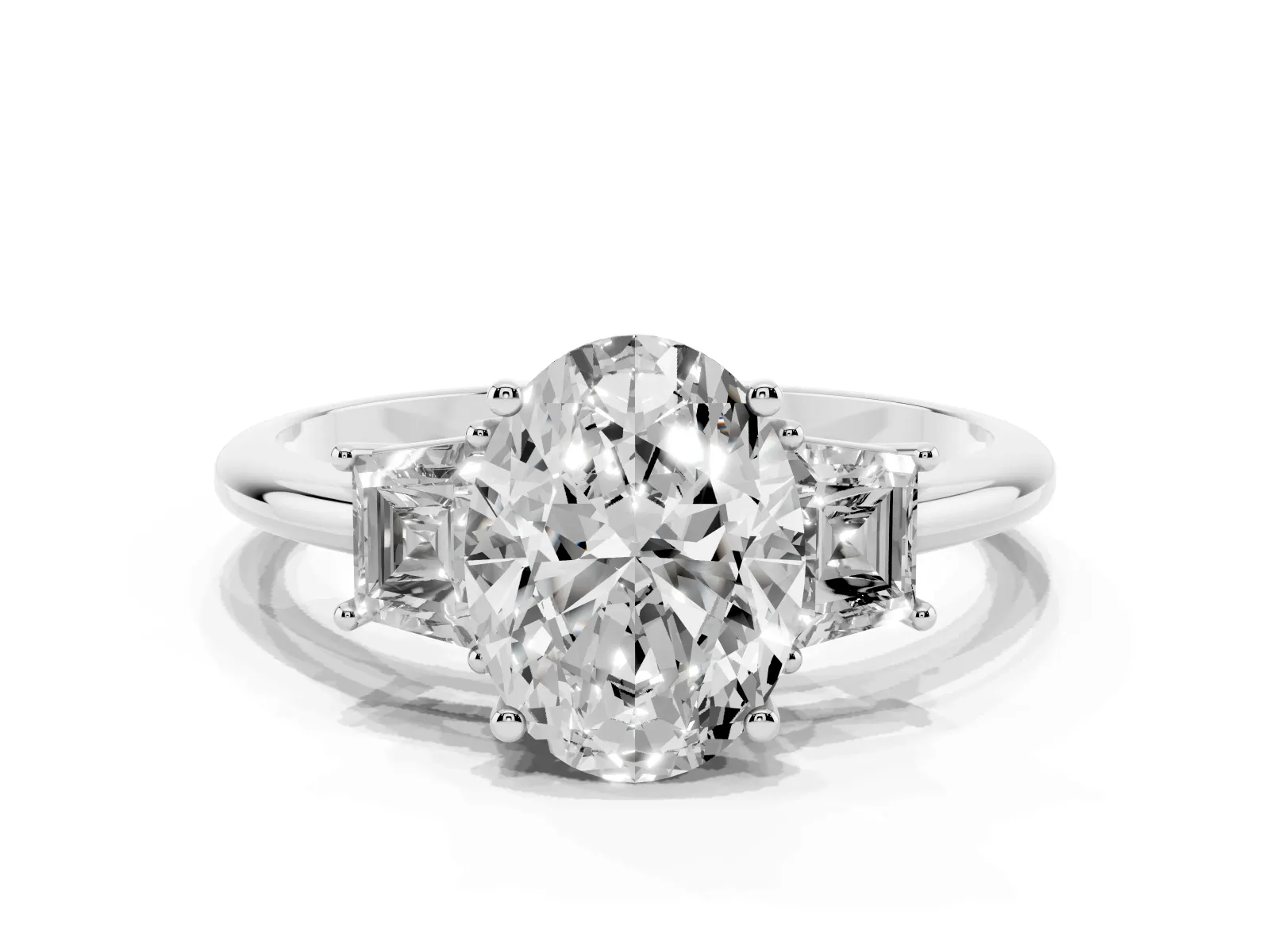 Oval Cut Diamond Three-Stone Ring with Trapezoid Side Stones and Prong Setting Silver