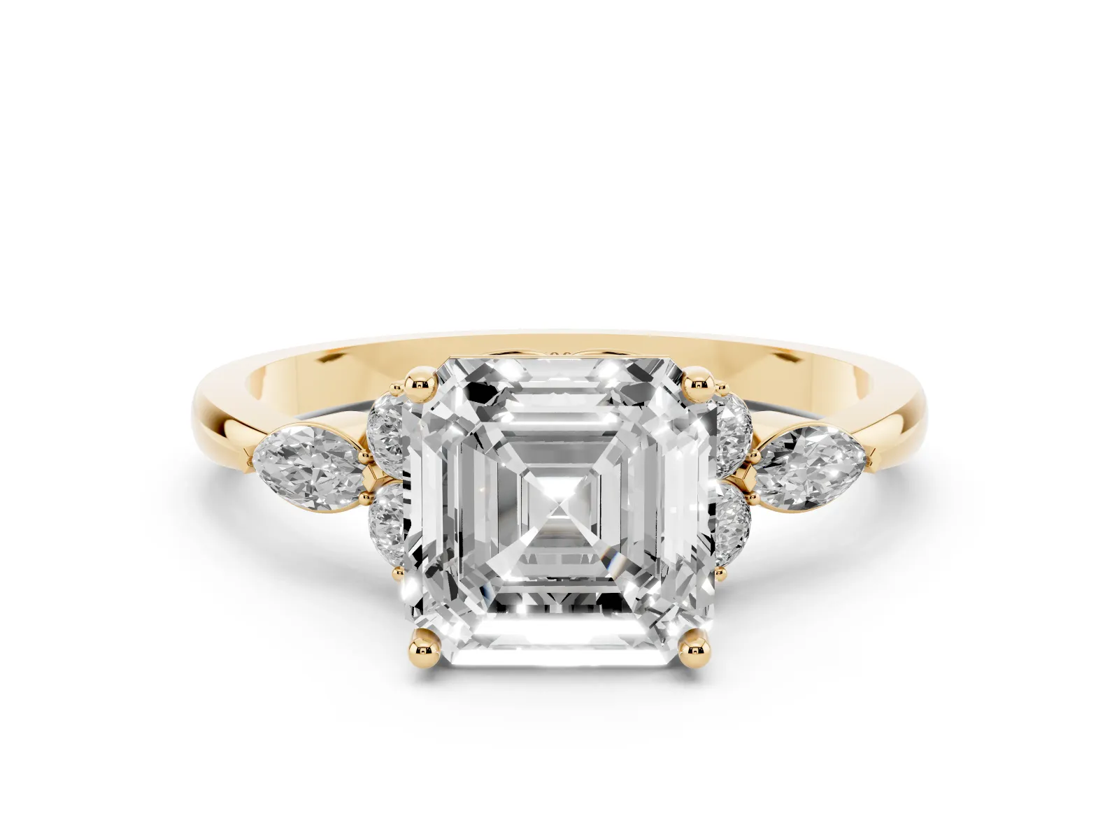 Asscher Cut Brilliant Diamond Solitaire Ring with Pear Side Stones and Four-Prong Setting Yellow gold