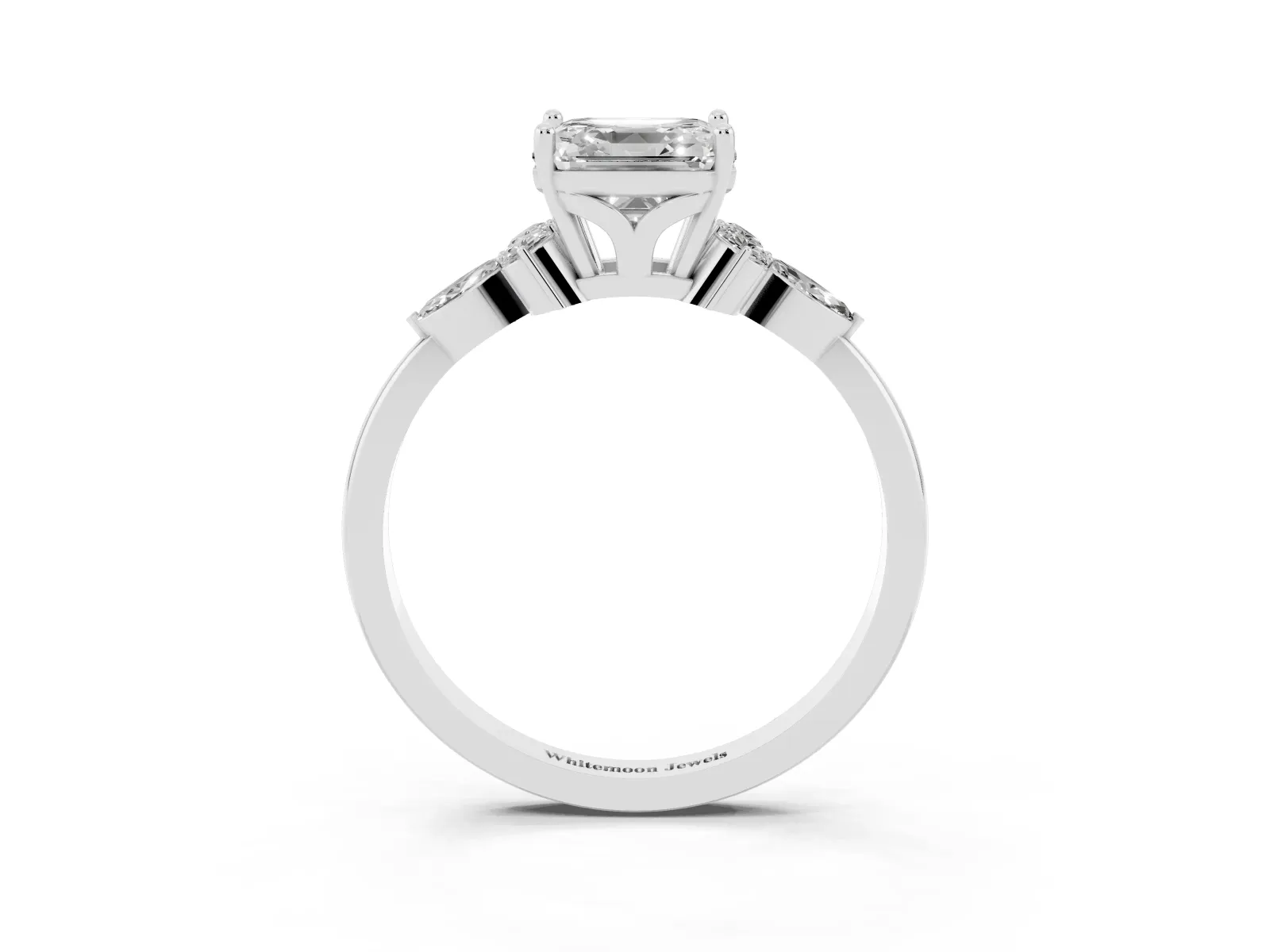 Asscher Cut Brilliant Diamond Solitaire Ring with Pear Side Stones and Four-Prong Setting Platinum