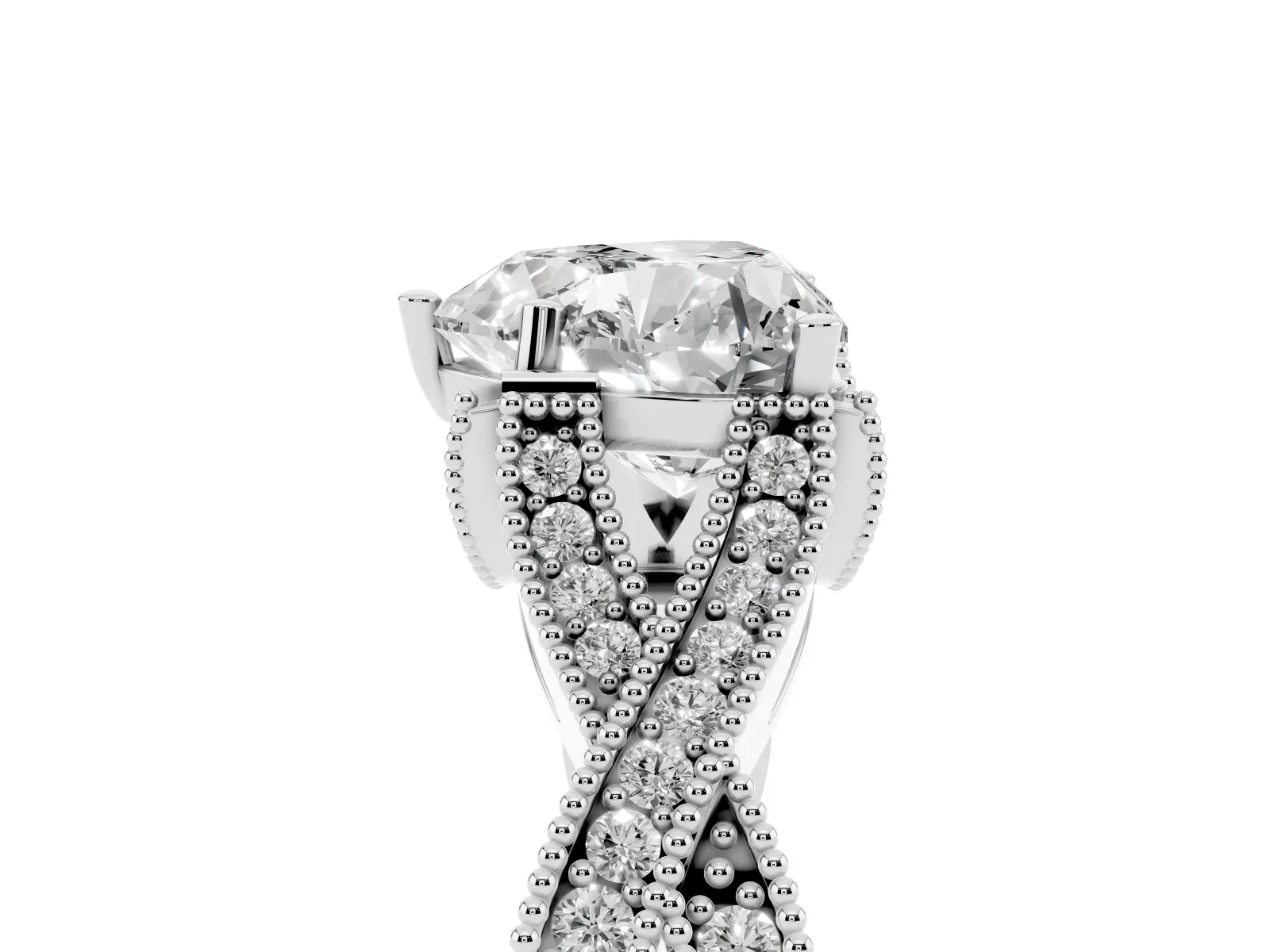 Heart Cut Cut Diamond Twisted Band with Milgrain Pave Setting and Four-Prong Setting Platinum