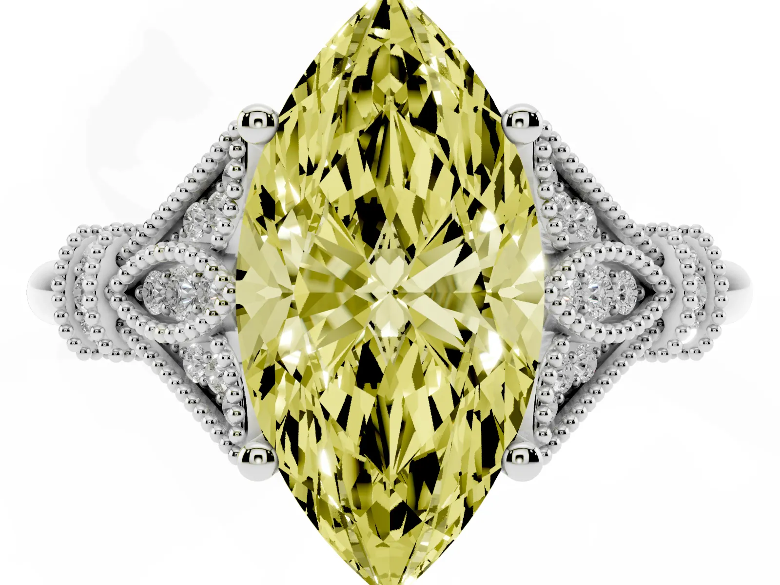 Fancy Yellow Marquise Cut Diamond Solitaire Ring with Floral Filigree and Pave Accents Platinum