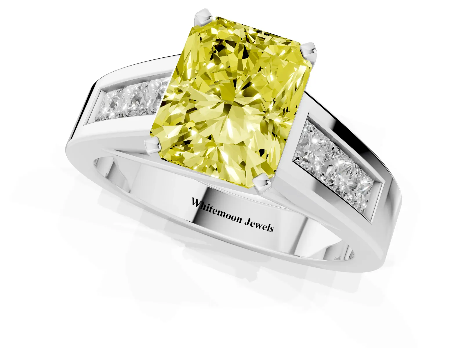 Fancy Yellow Radiant Cut Cut Channel Set Solitaire Ring with Four-Prong Setting Platinum