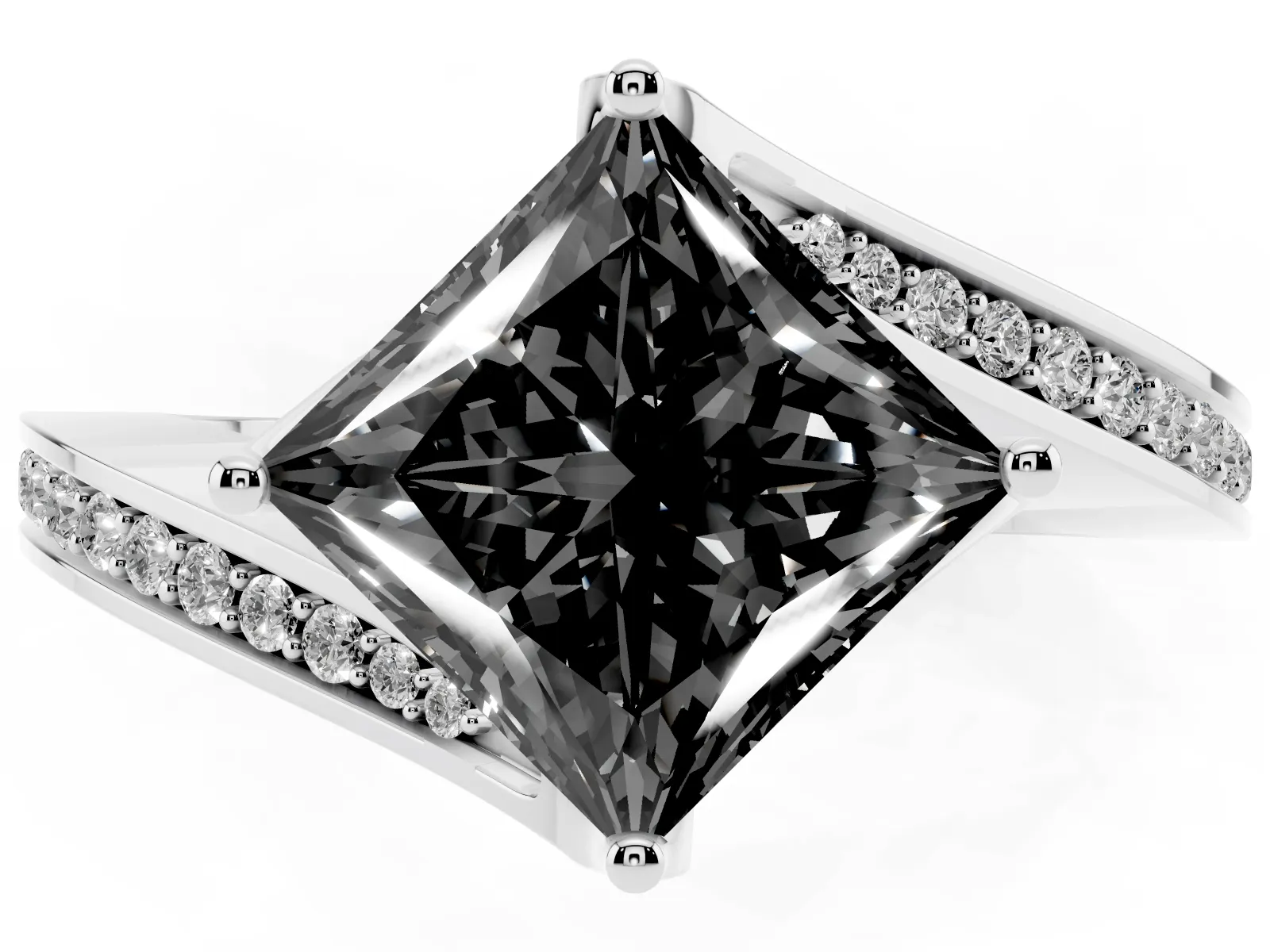 Fancy Black Princess Cut Solitaire Diamond Twist Band with Pavé Setting and Four-Prong Setting Platinum