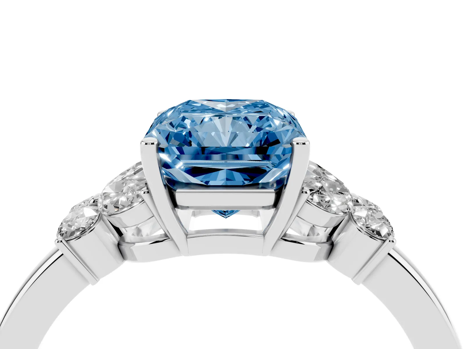 Fancy Blue Radiant Cut Cut Solitaire Floral Diamond Ring with Four-Prong Setting Platinum