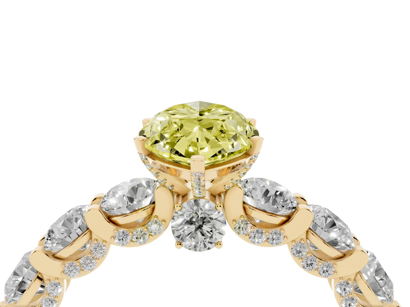 Fancy Yellow Marquise Cut Diamond Side Stone Engagement Ring with Four-Prong Setting Yellow gold