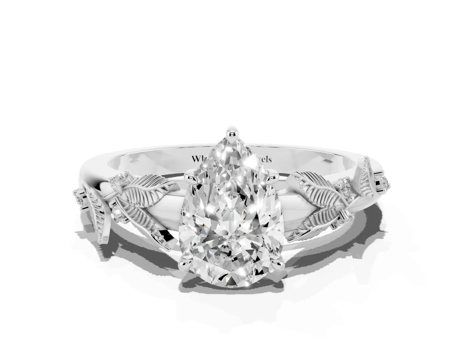 Pear Cut Diamond Solitaire Ring with Leaf Motif Band and Four-Prong Setting Platinum