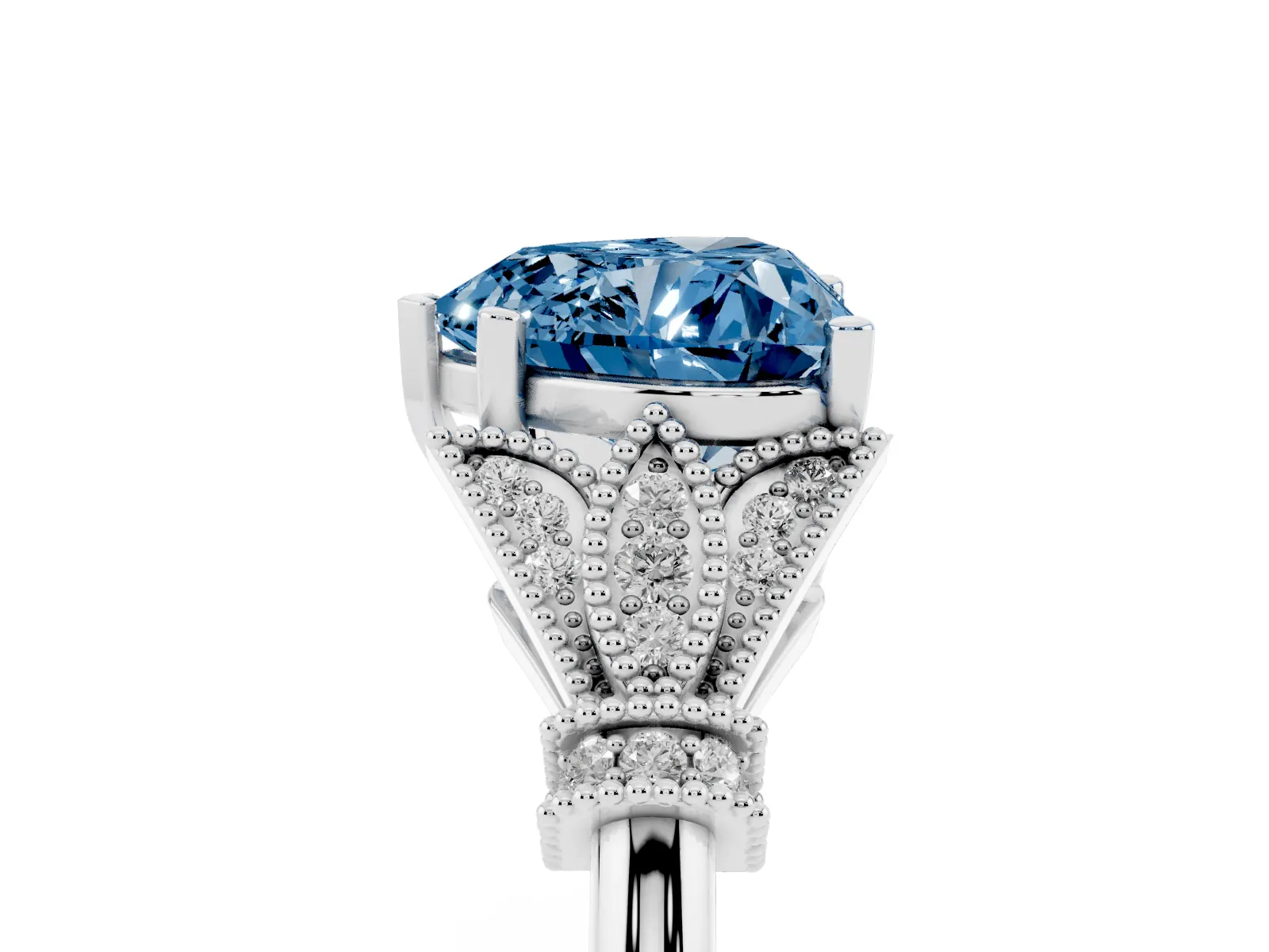 Fancy Blue Heart Cut Diamond Solitaire Ring with Floral Filigree and Pave Accents Platinum