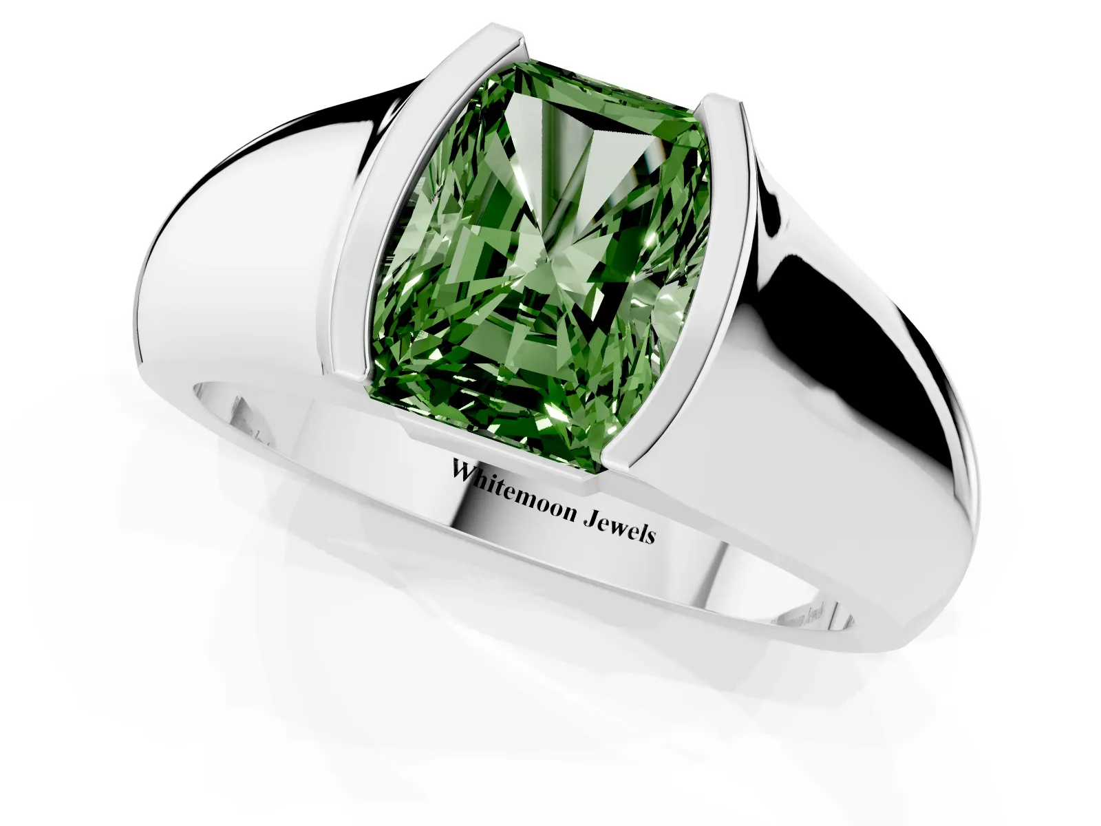 Fancy Green Radiant Cut Solitaire Bezel Set Diamond Ring with Wide Band White gold
