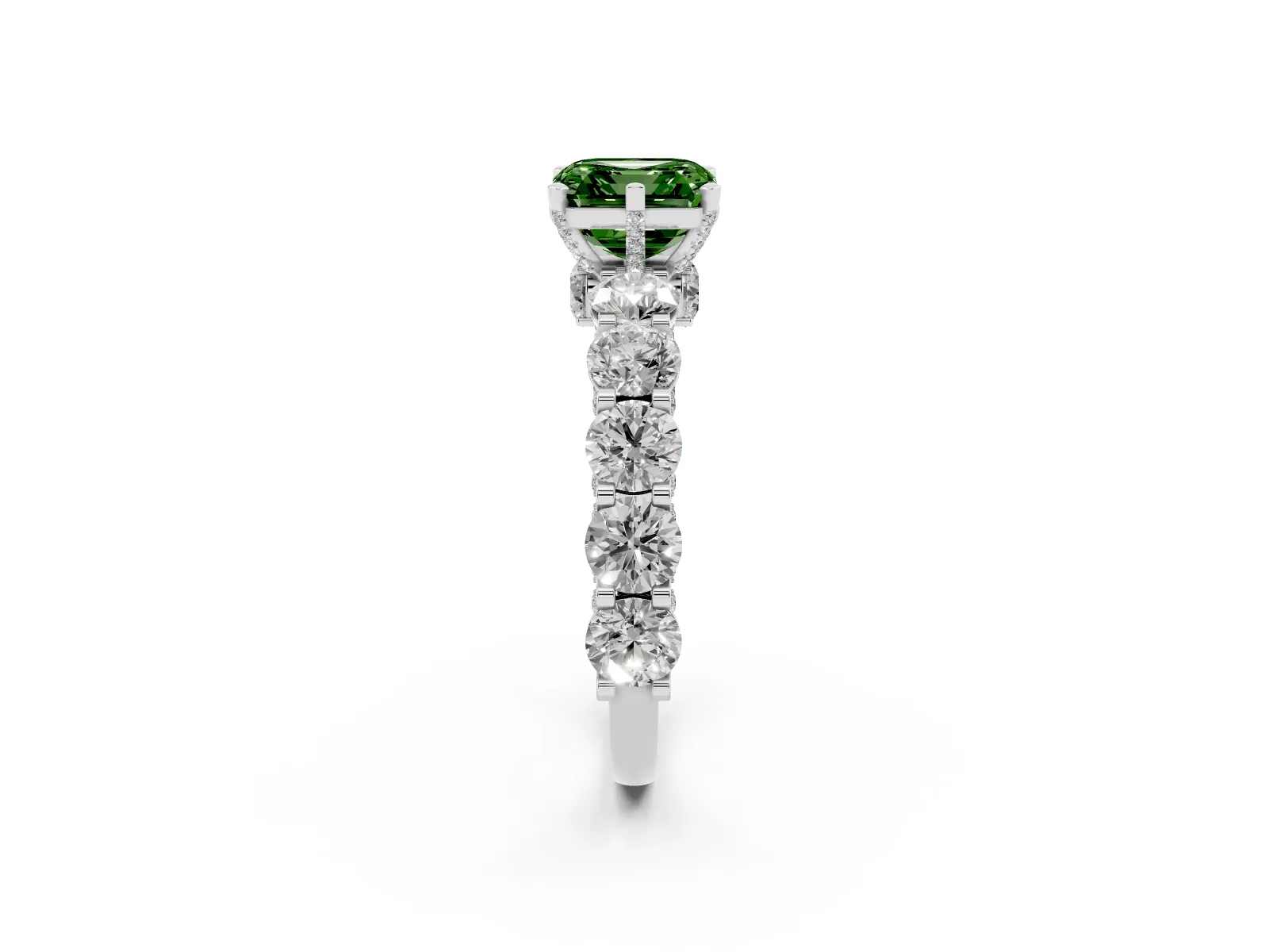 Fancy Green Asscher Cut Diamond Side Stone Engagement Ring with Four-Prong Setting Platinum