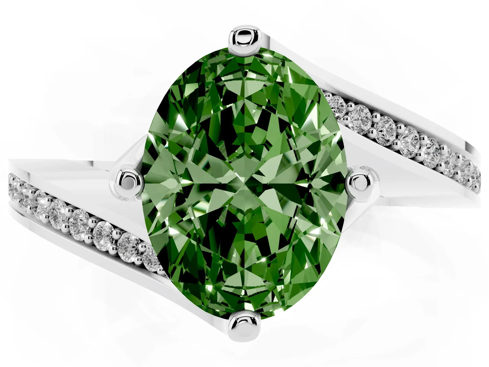 Fancy Green Oval Cut Solitaire Diamond Twist Band with Pavé Setting and Four-Prong Setting Platinum