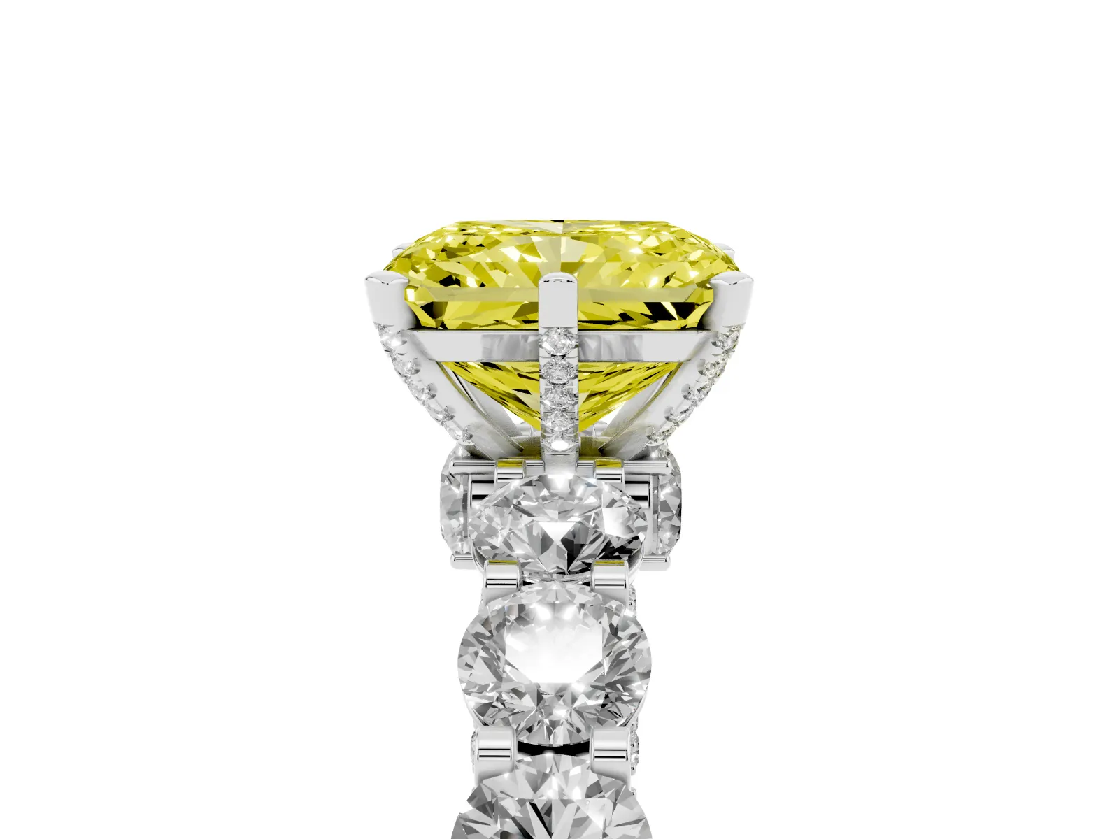 Fancy Yellow Radiant Cut Diamond Side Stone Engagement Ring with Four-Prong Setting Platinum