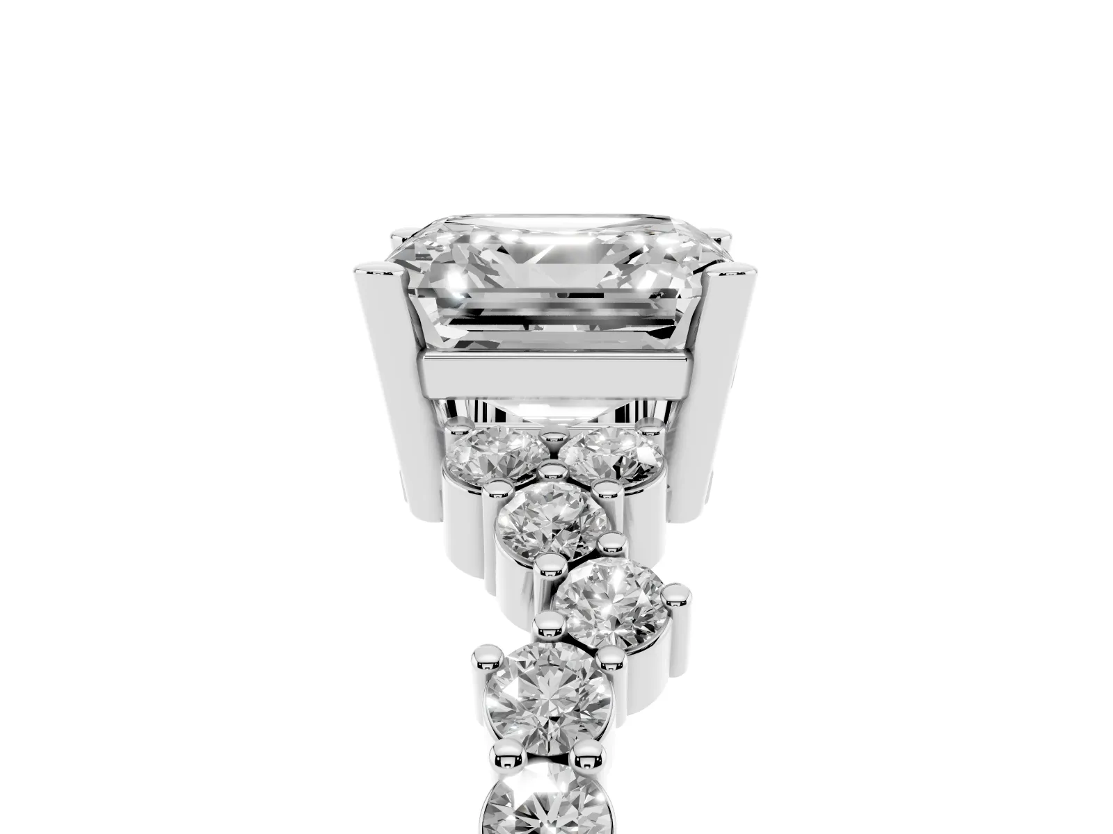 Asscher Cut Diamond Scattered Round Accent Ring with Prong Setting Silver