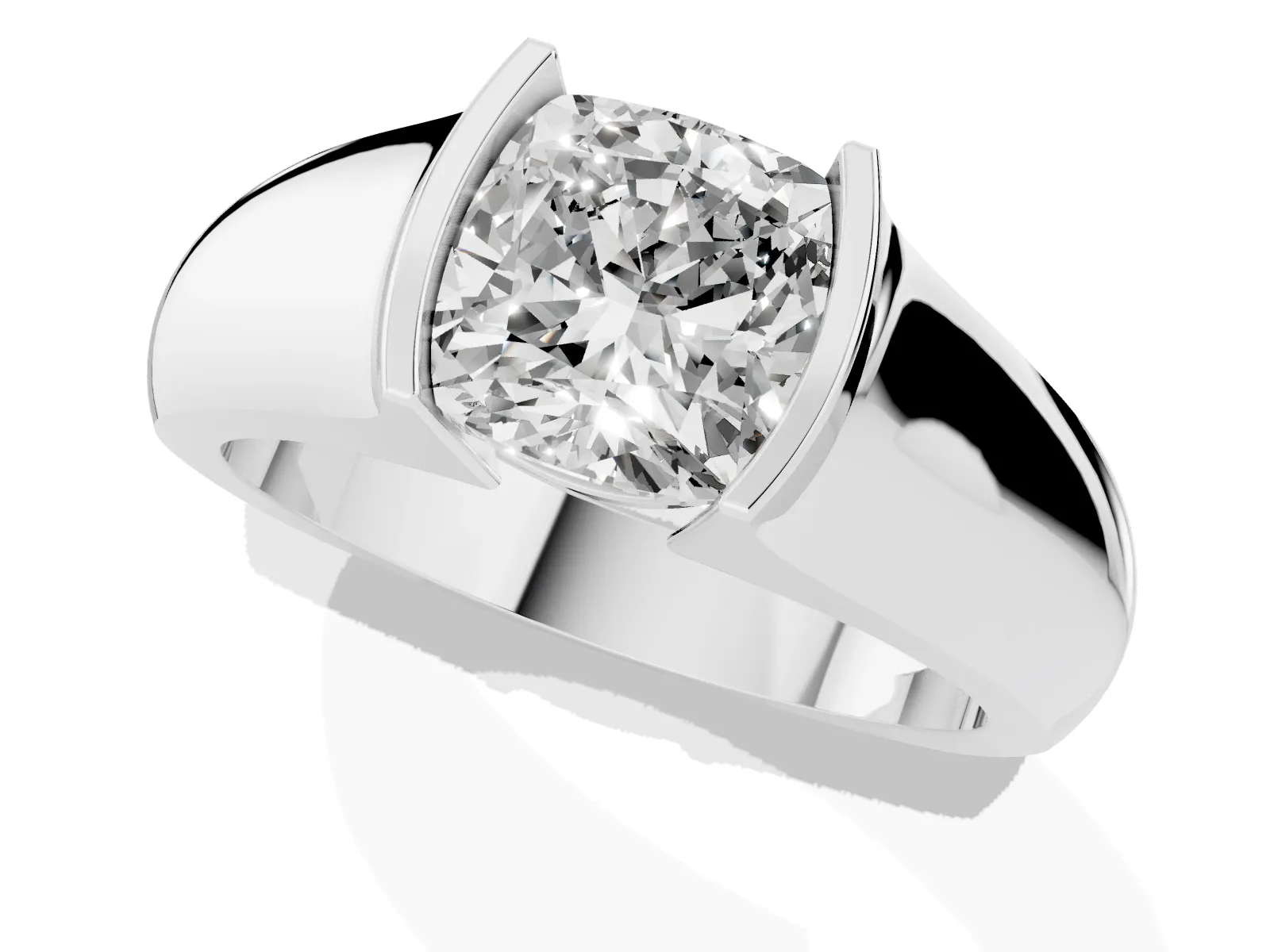 Cushion Cut Solitaire Bezel Set Diamond Ring with Wide Band Silver