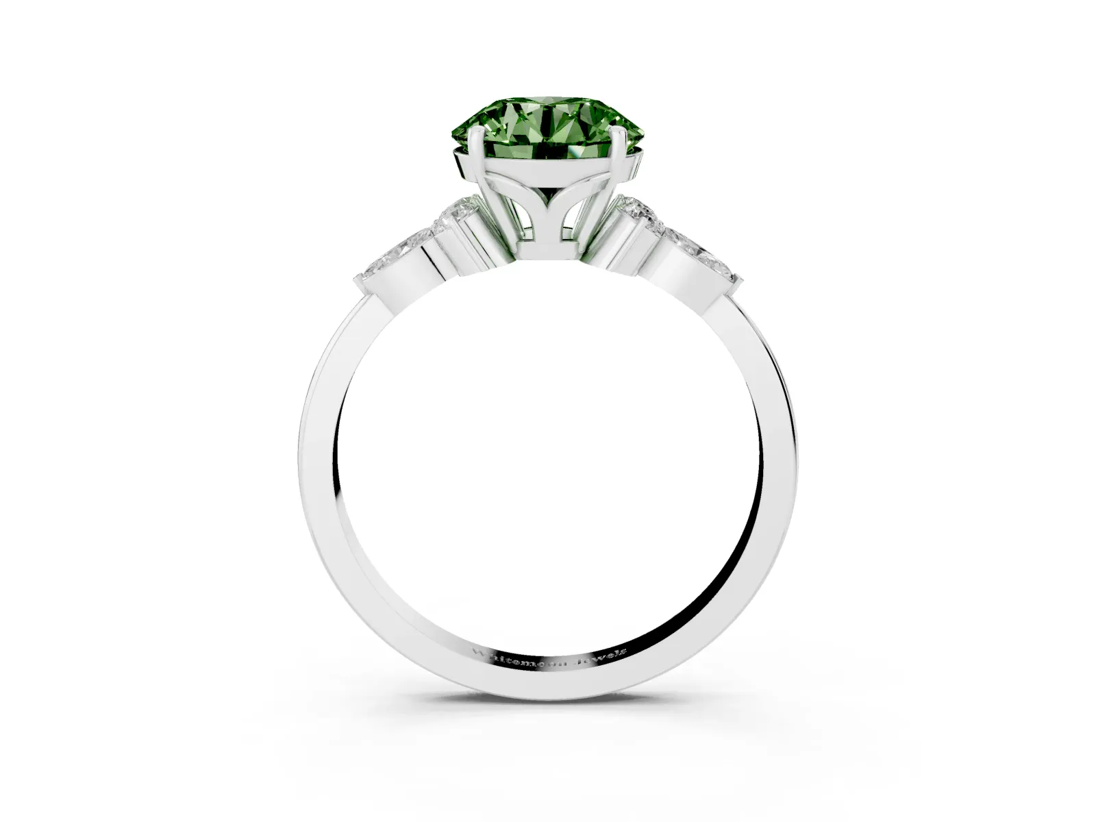 Fancy Green Round Cut Brilliant Diamond Solitaire Ring with Pear Side Stones and Four-Prong Setting Platinum