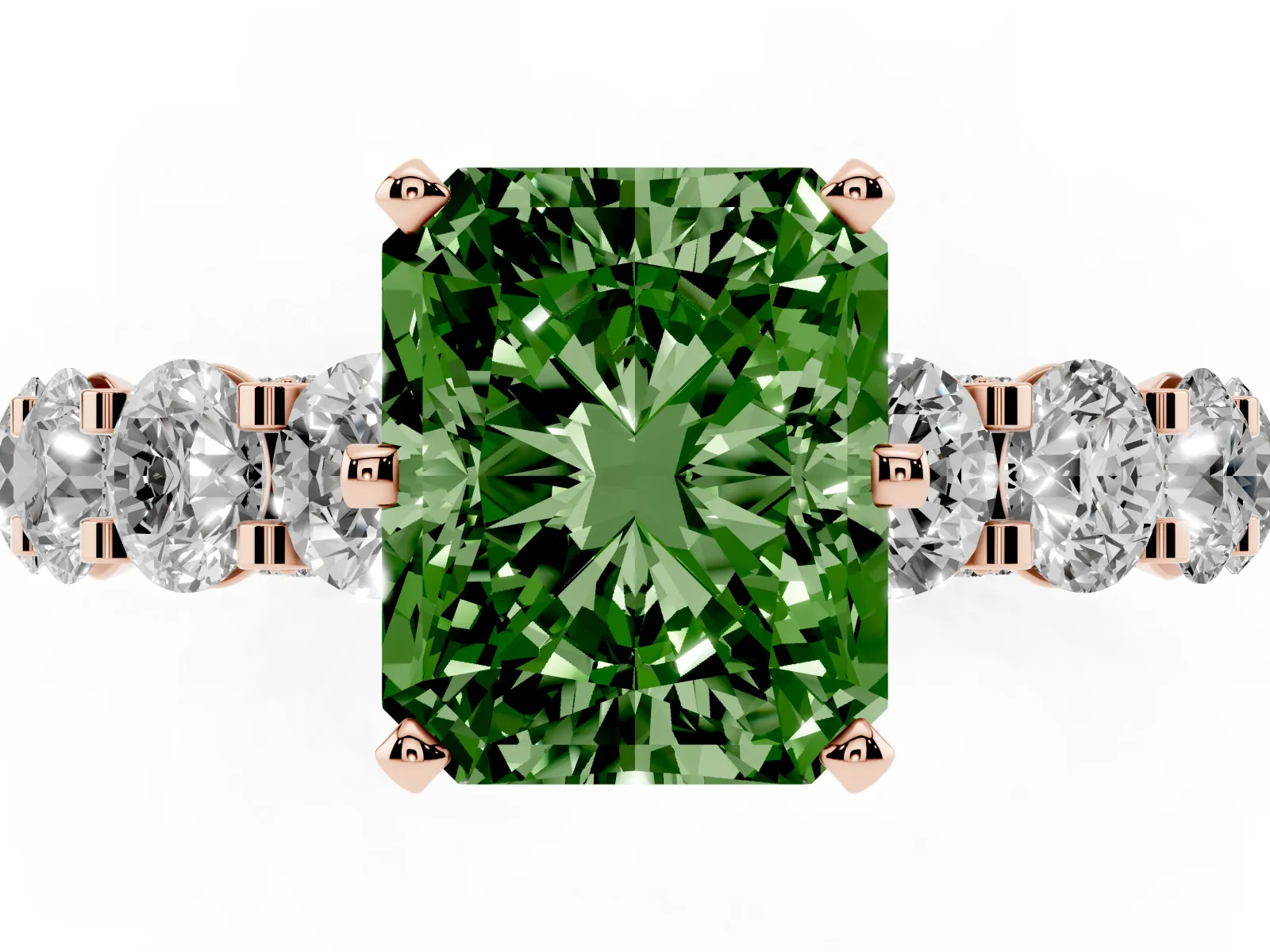 Fancy Green Radiant Cut Diamond Side Stone Engagement Ring with Four-Prong Setting Rose gold