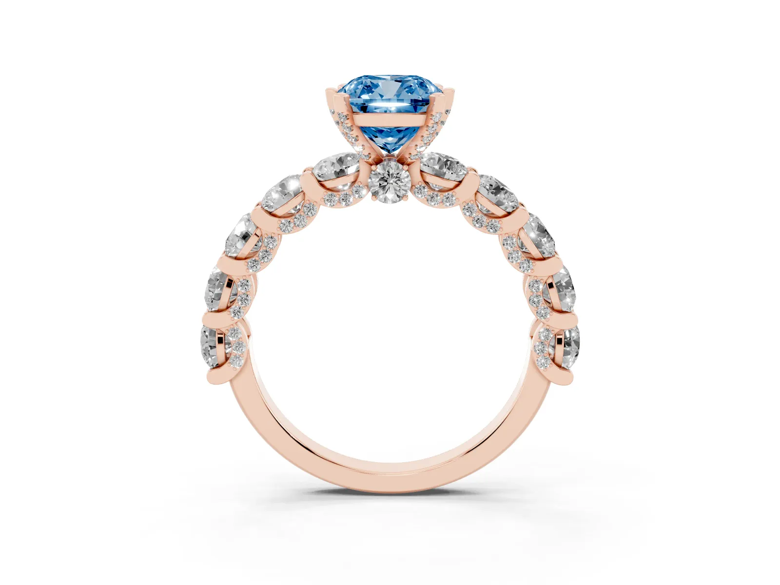 Fancy Blue Cushion Cut Diamond Side Stone Engagement Ring with Four-Prong Setting Rose gold