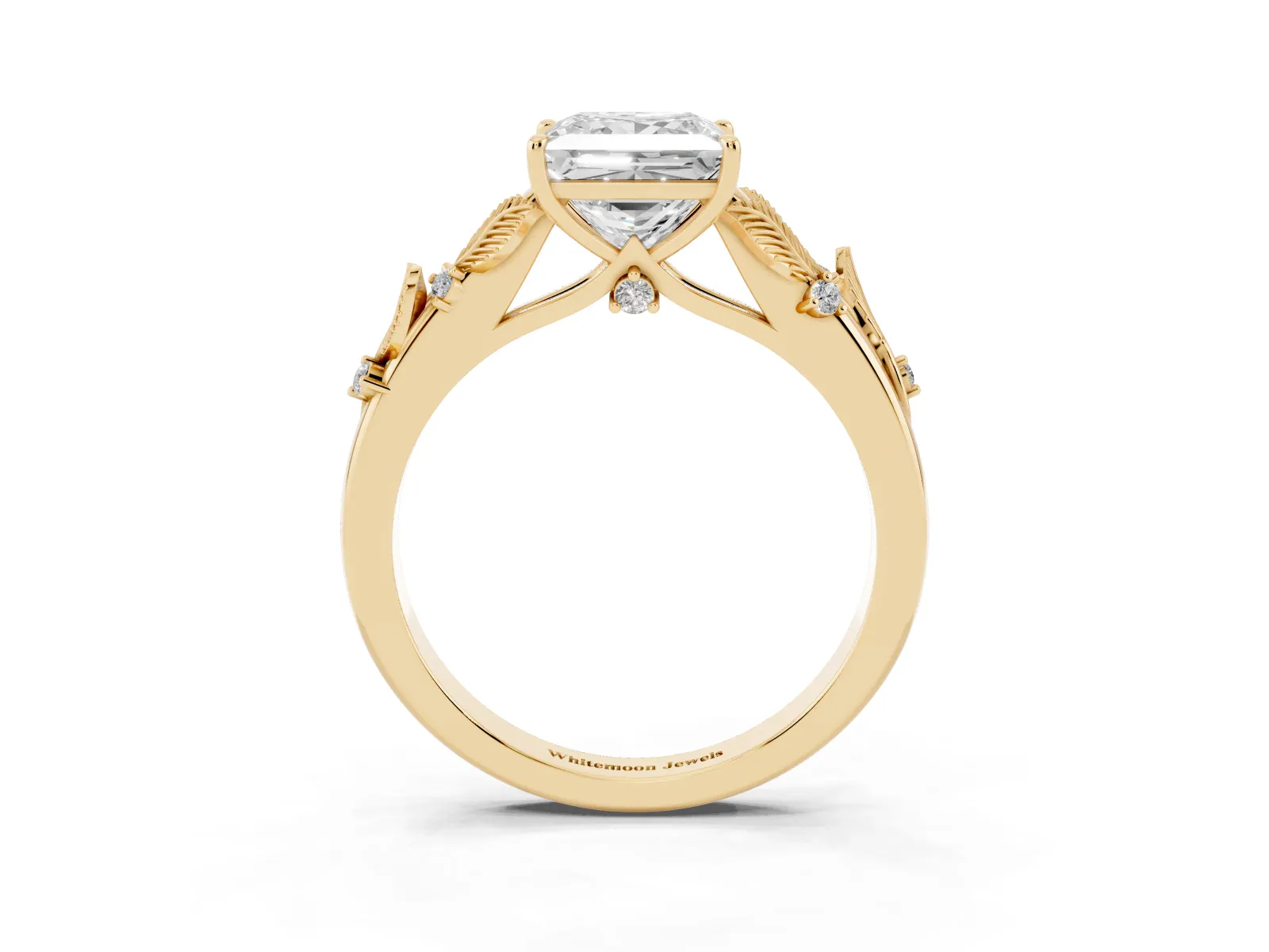 Princess Cut Diamond Solitaire Ring with Leaf Motif Band and Four-Prong Setting Yellow gold
