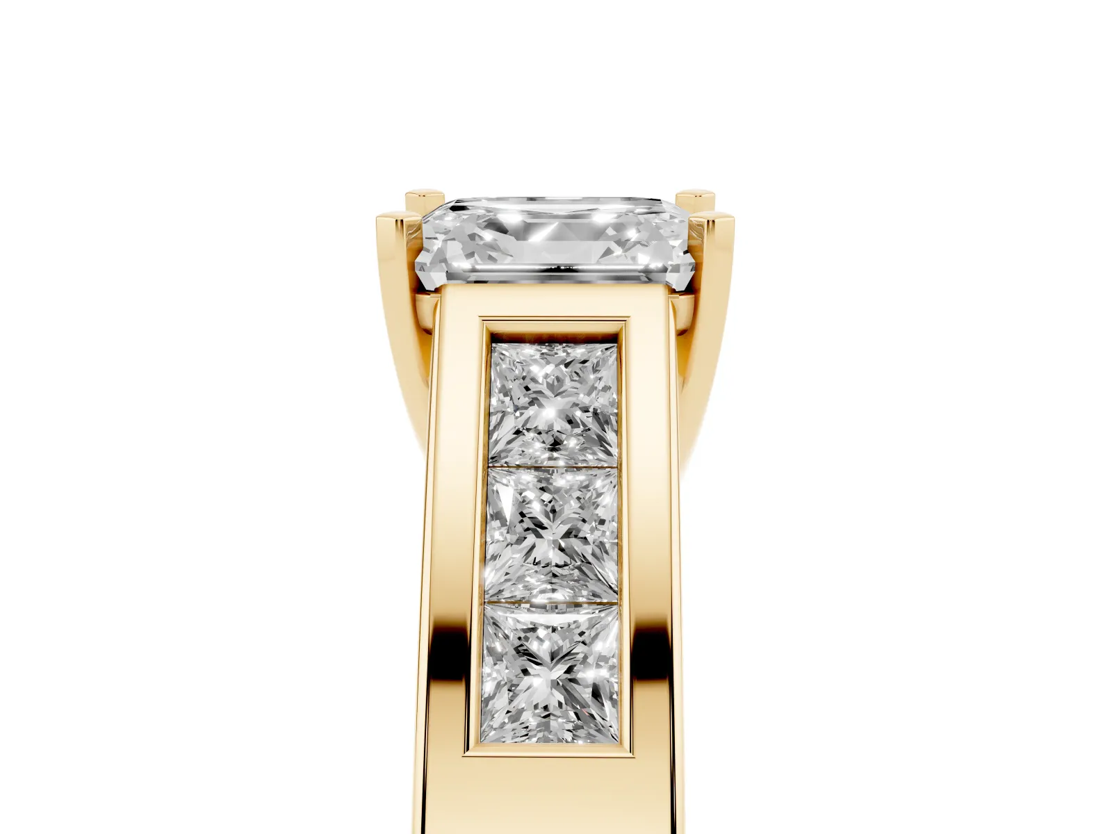 Asscher Cut Cut Channel Set Solitaire Ring with Four-Prong Setting Yellow gold