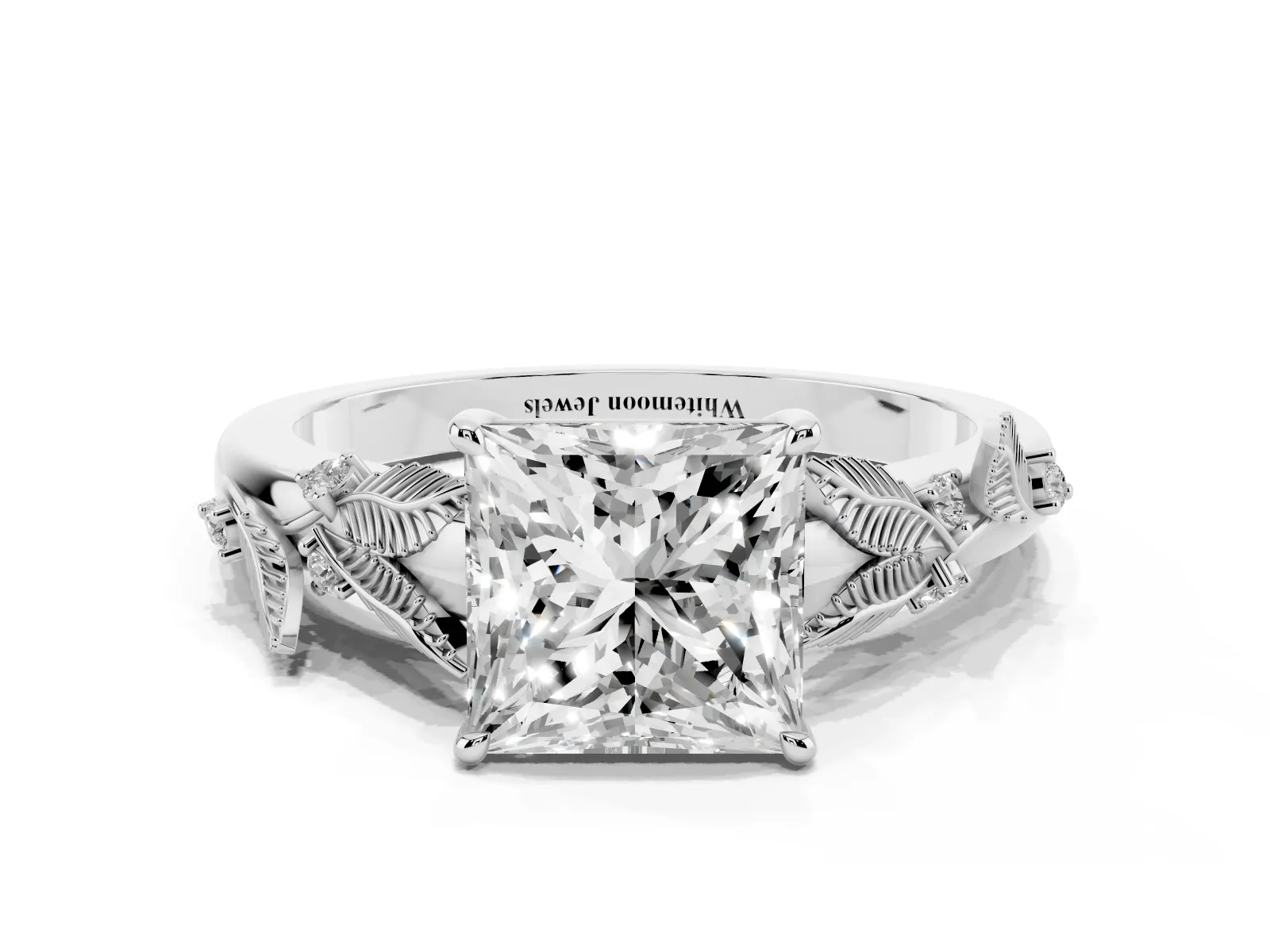 Princess Cut Diamond Solitaire Ring with Leaf Motif Band and Four-Prong Setting Platinum