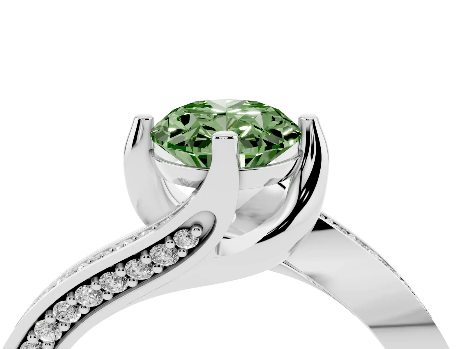 Fancy Green Oval Cut Solitaire Diamond Twist Band with Pavé Setting and Four-Prong Setting Platinum