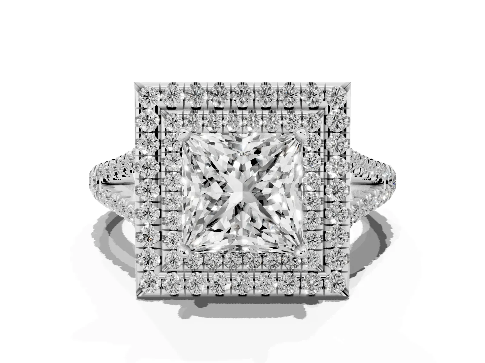 Princess Cut Diamond Double Halo Ring with Pavé Band and Prong Setting Platinum