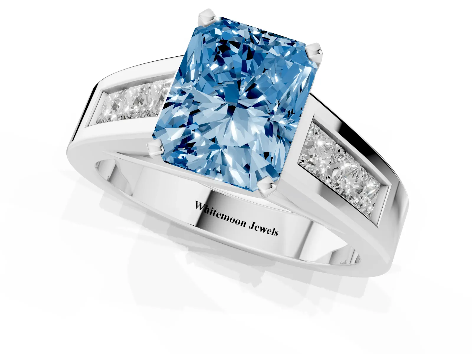 Fancy Blue Radiant Cut Cut Channel Set Solitaire Ring with Four-Prong Setting Platinum