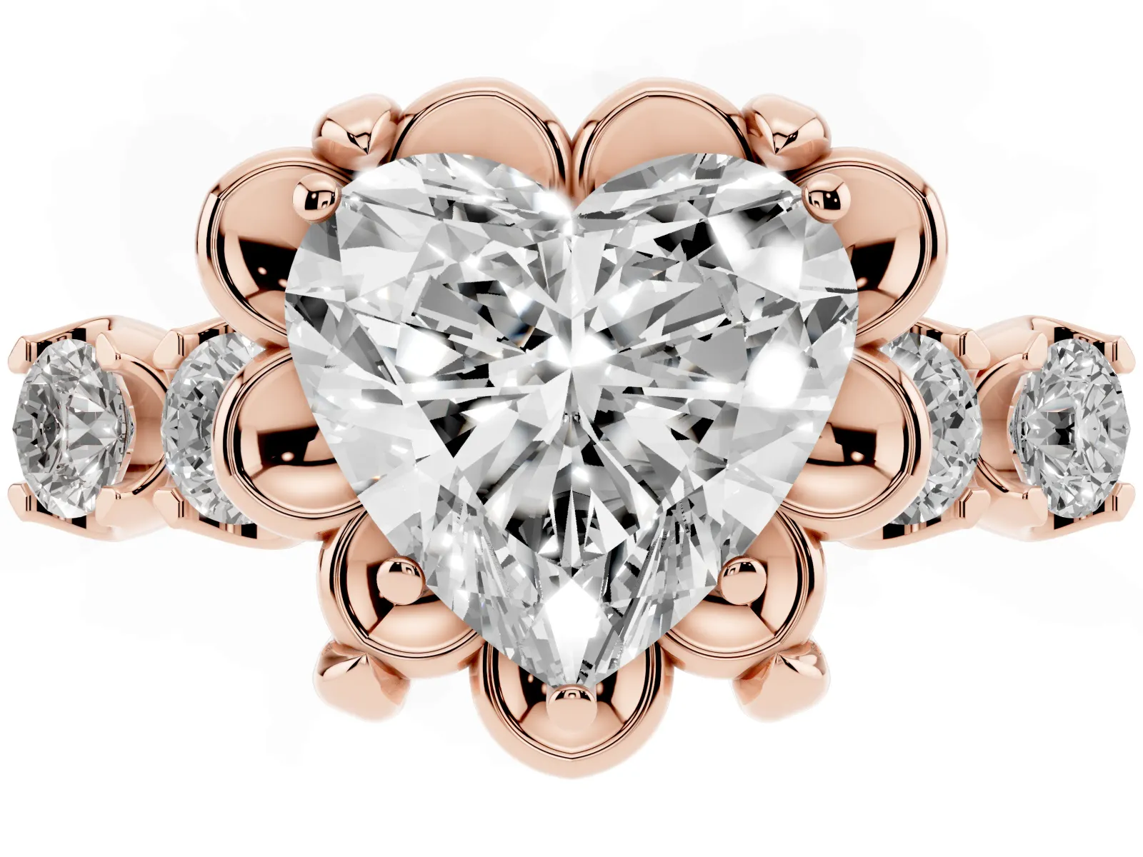 Heart Cut Cut Diamond Floral Halo Engagement Ring with Shared Prong Setting Rose gold