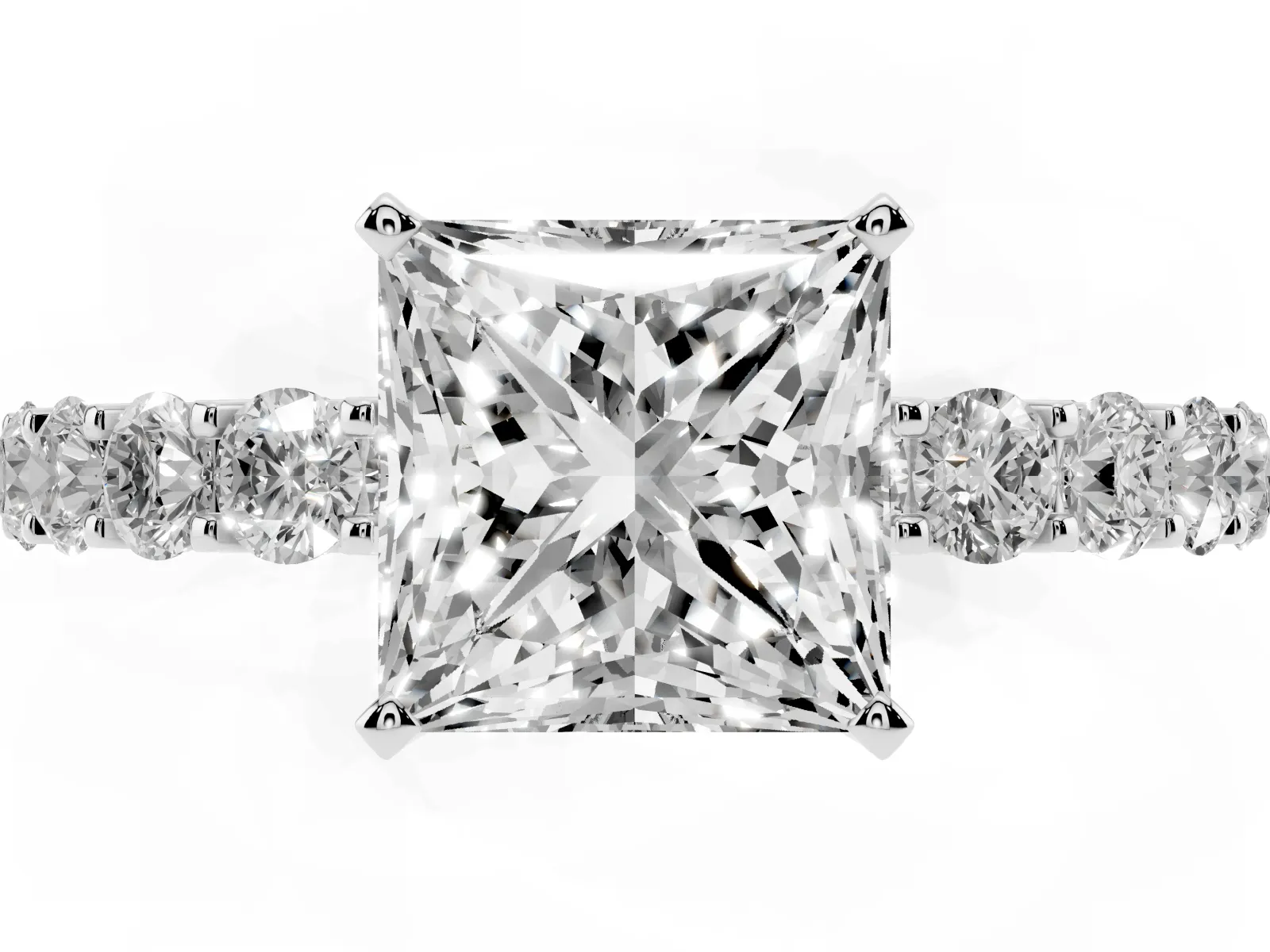 Princess Cut Diamond Solitaire Ring with Shared Prong Pavé Band and Four-Prong Setting White gold