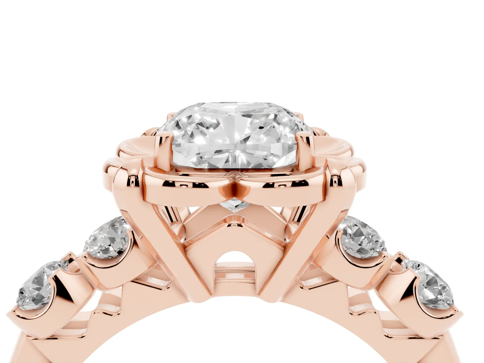 Cushion Cut Cut Diamond Floral Halo Engagement Ring with Shared Prong Setting Rose gold