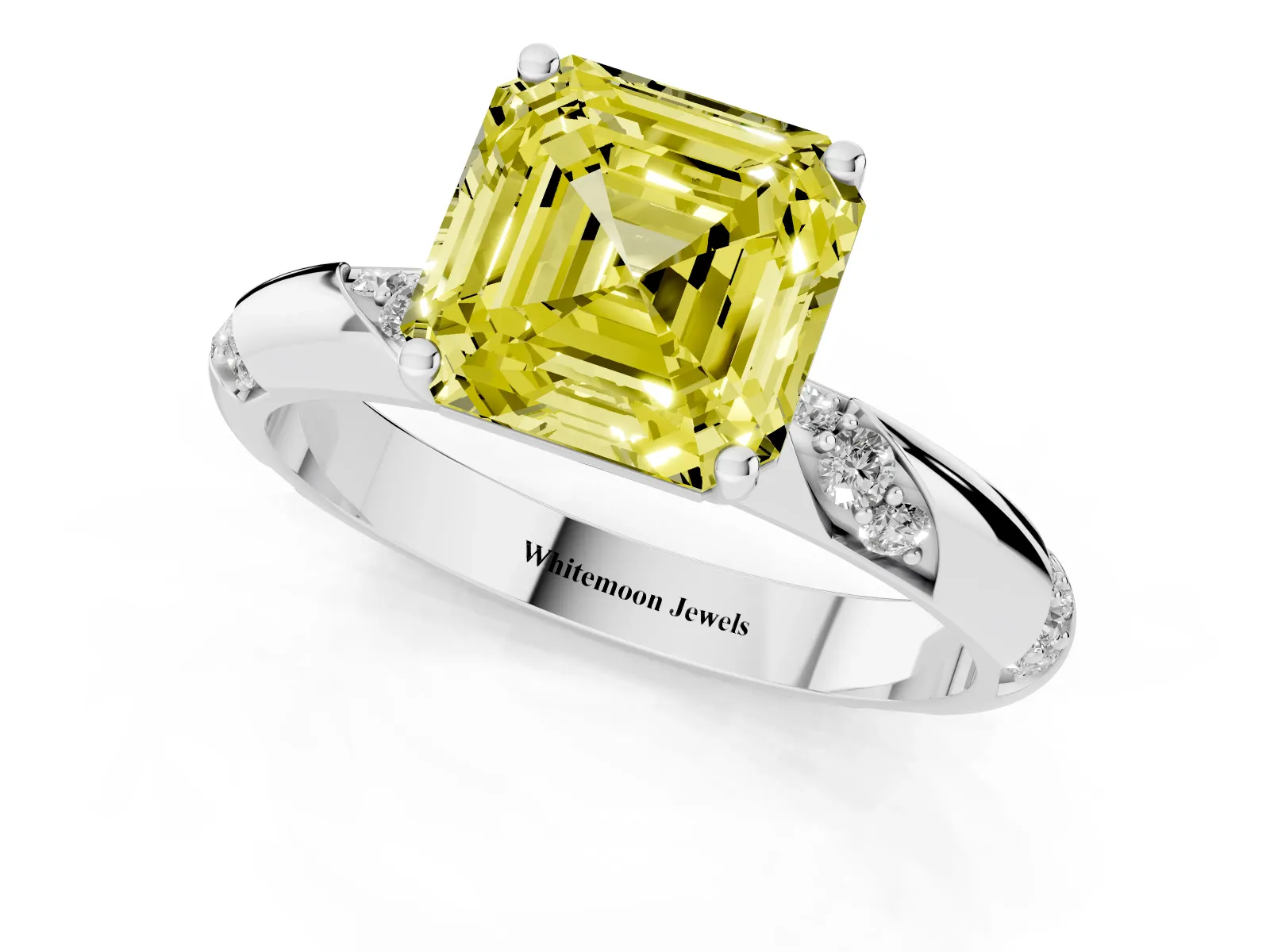 Fancy Yellow Asscher Cut Diamond Solitaire Engagement Ring with Twisted Round Accent Band and Prong Setting Platinum