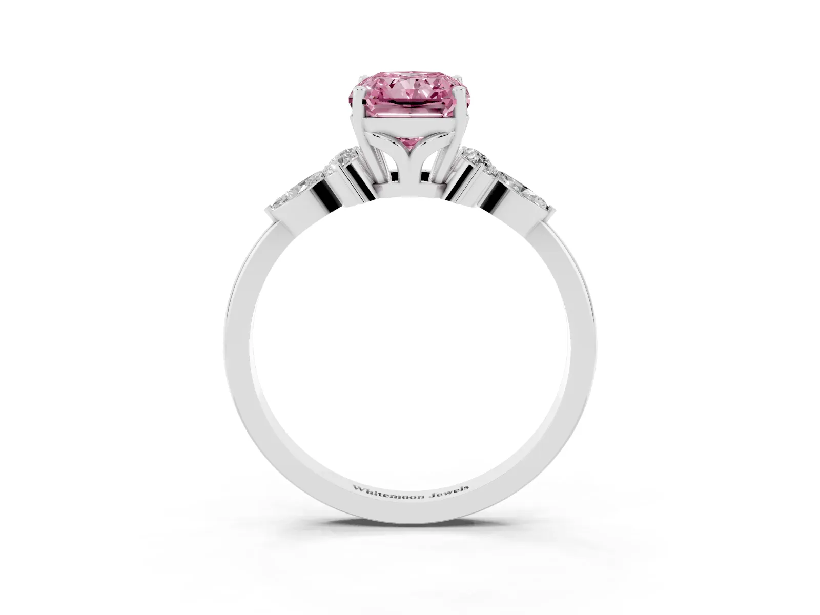 Fancy Pink Radiant Cut Brilliant Diamond Solitaire Ring with Pear Side Stones and Four-Prong Setting White gold