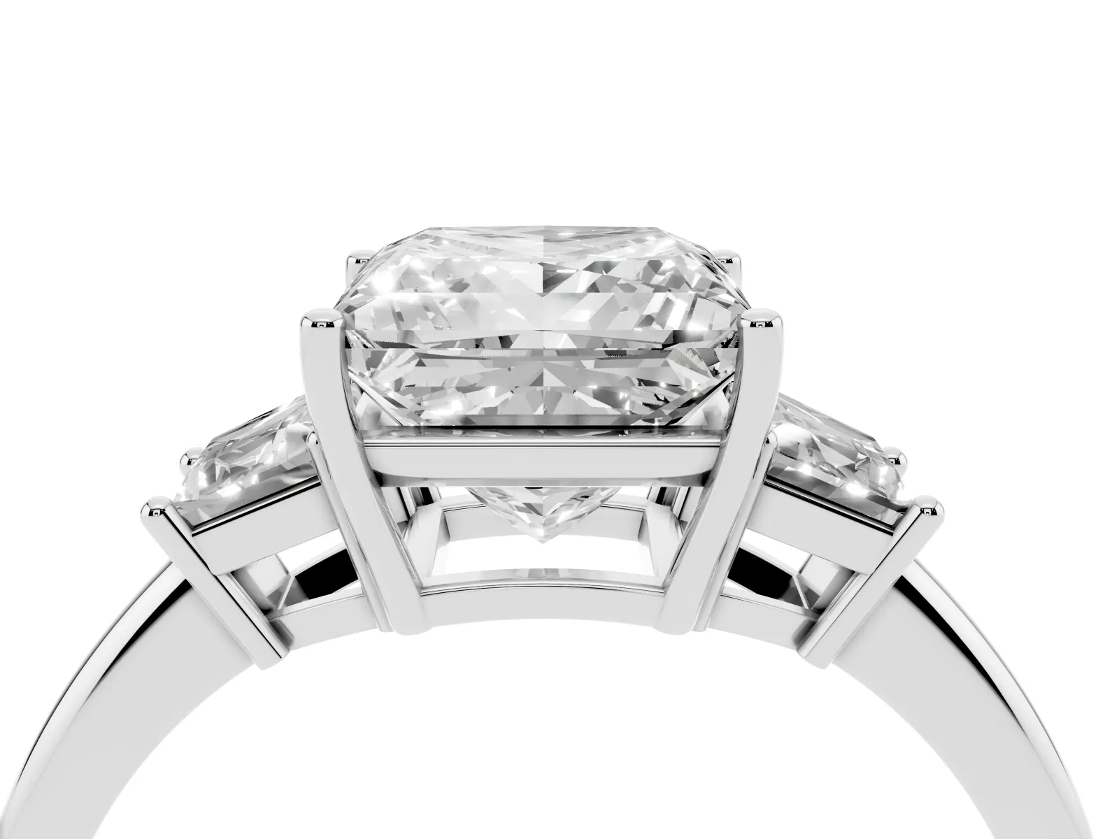 Princess Cut Diamond Three-Stone Ring with Trapezoid Side Stones and Prong Setting Silver