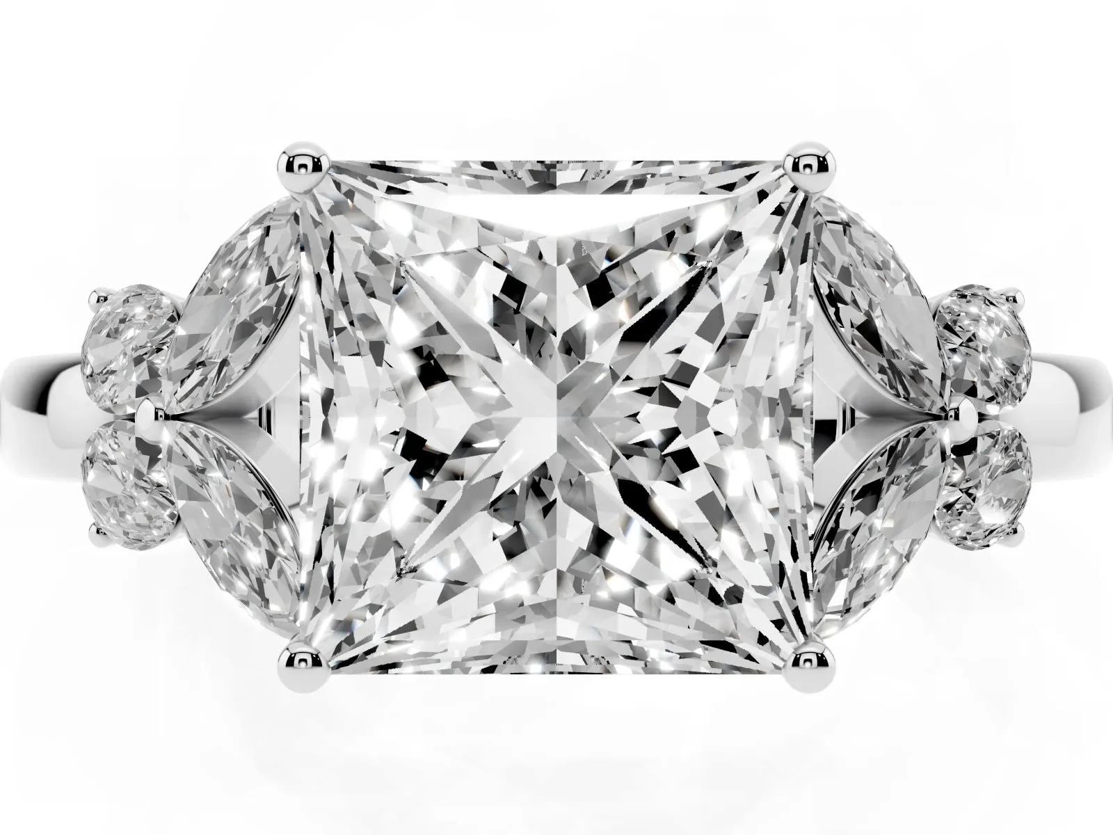 Princess Cut Cut Solitaire Floral Diamond Ring with Four-Prong Setting Platinum
