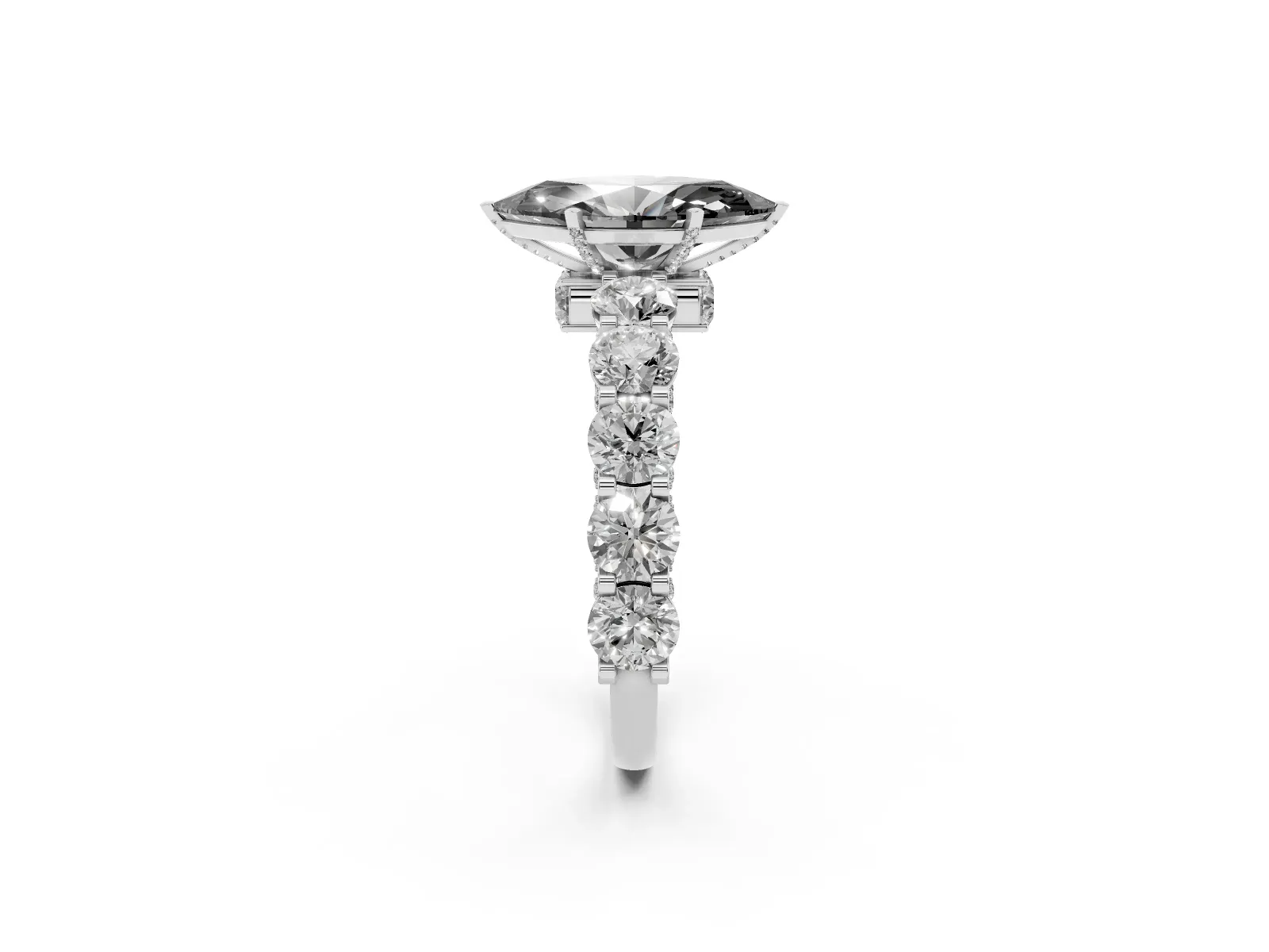 Fancy Black Marquise Cut Diamond Side Stone Engagement Ring with Four-Prong Setting Platinum
