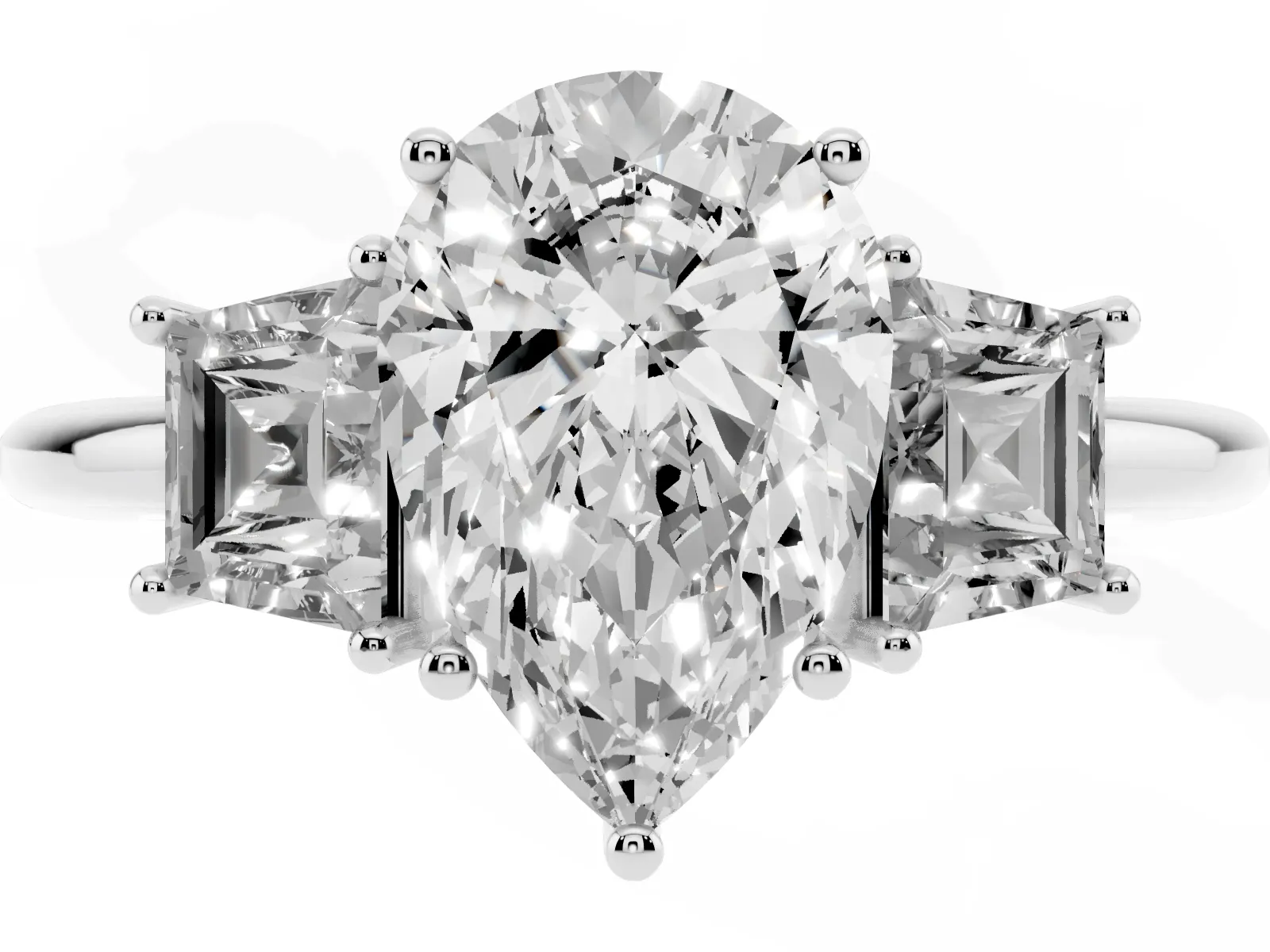 Pear Cut Diamond Three-Stone Ring with Trapezoid Side Stones and Prong Setting Platinum