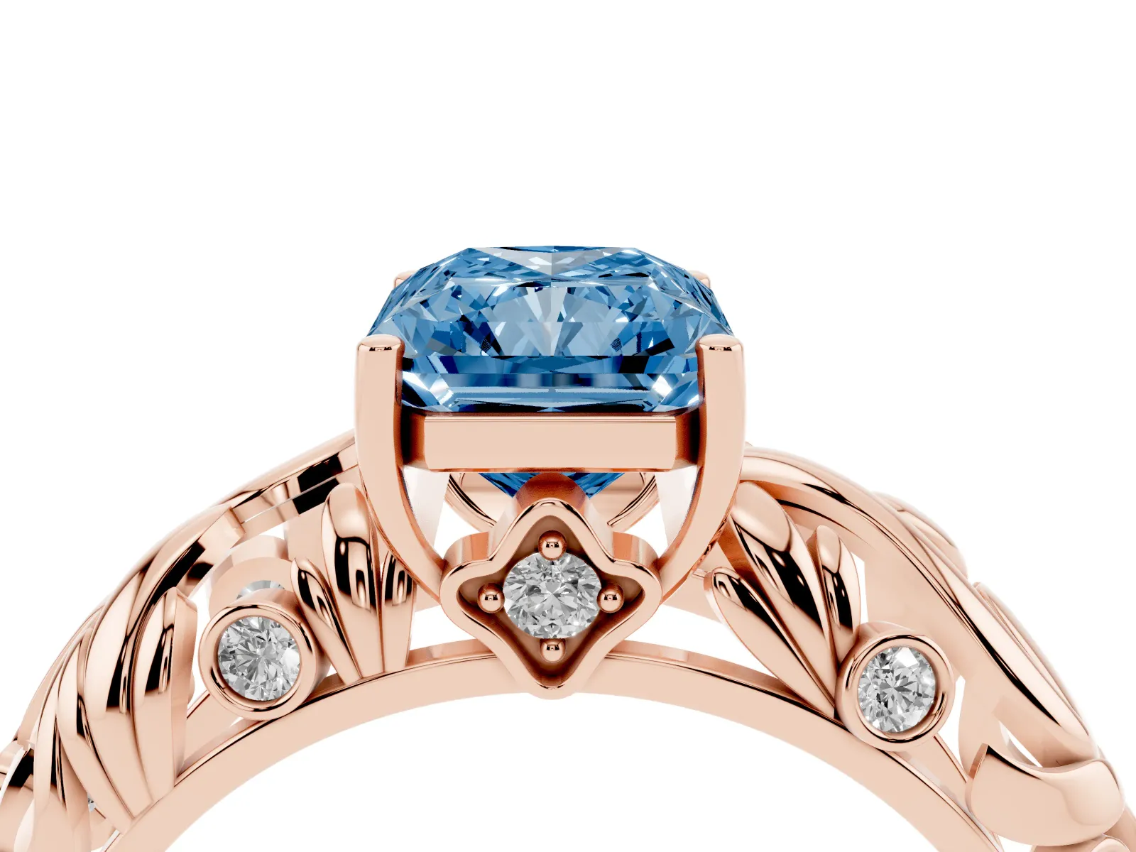 Fancy Blue Radiant Cut Solitaire Diamond Leaf-Inspired Vine Band Ring with Prong Setting Rose gold