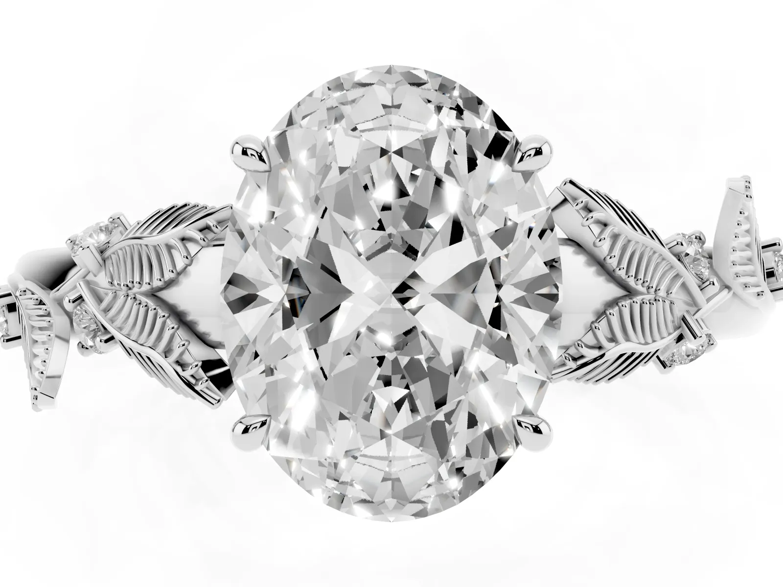 Oval Cut Diamond Solitaire Ring with Leaf Motif Band and Four-Prong Setting Platinum