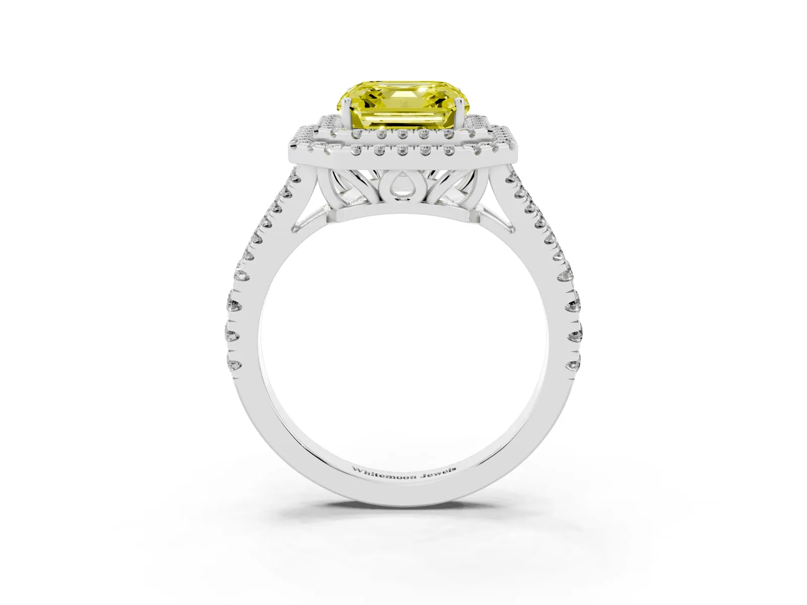 Fancy Yellow Asscher Cut Diamond Double Halo Ring with Pavé Band and Prong Setting Platinum