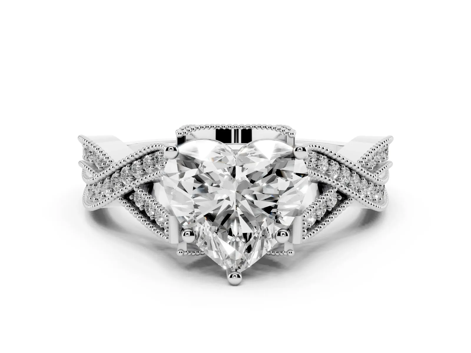 Heart Cut Cut Diamond Twisted Band with Milgrain Pave Setting and Four-Prong Setting Platinum