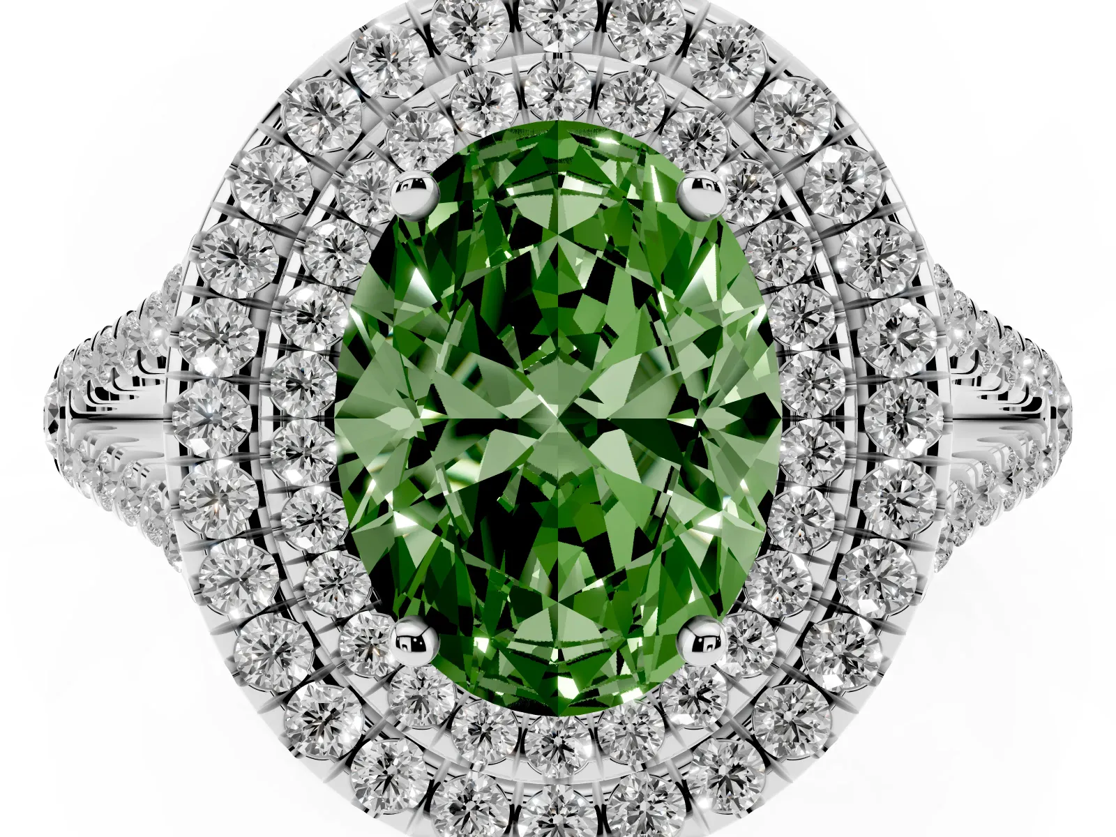 Fancy Green Oval Cut Diamond Double Halo Ring with Pavé Band and Prong Setting Platinum