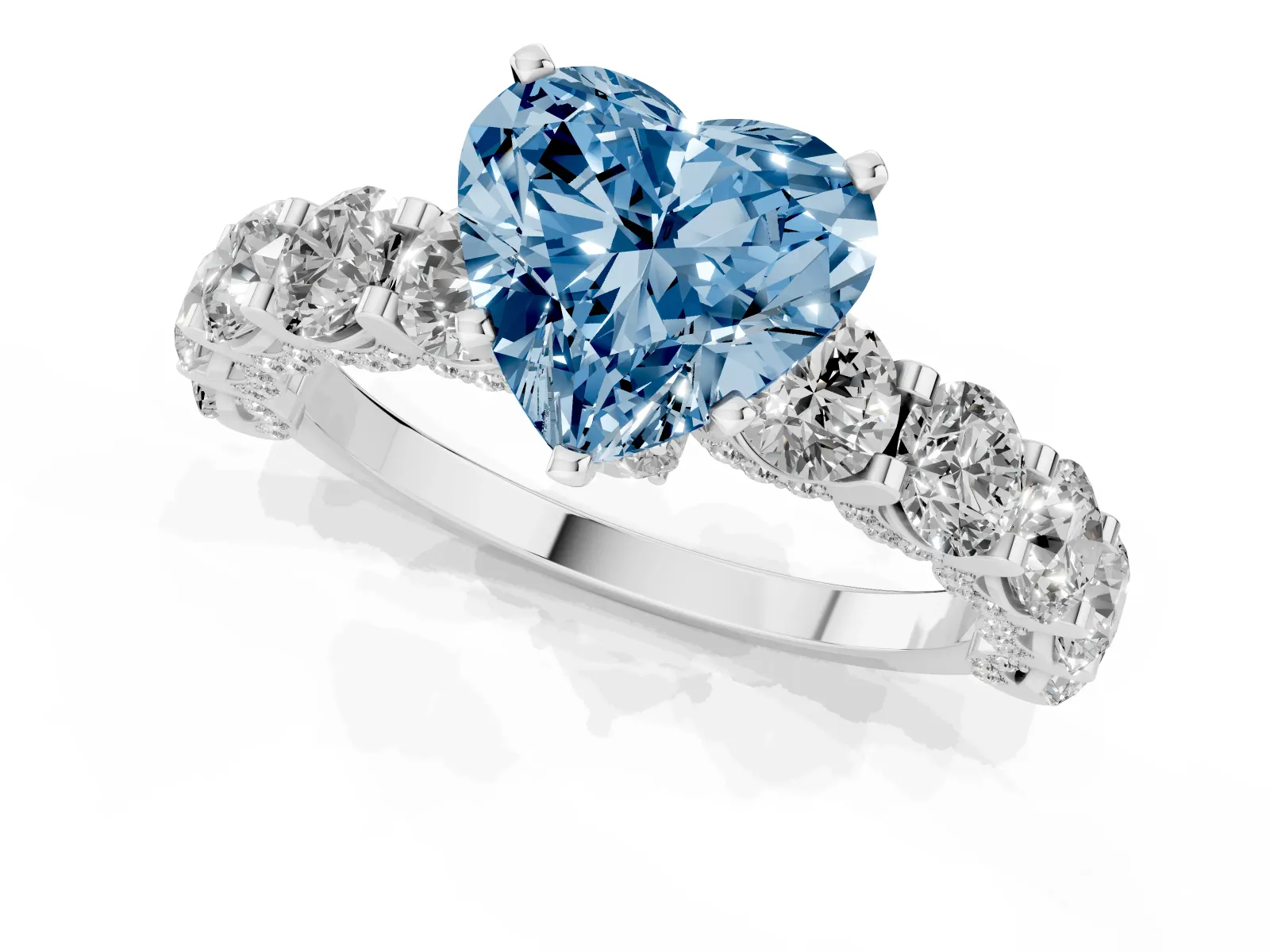 Fancy Blue Heart Cut Diamond Side Stone Engagement Ring with Four-Prong Setting Platinum