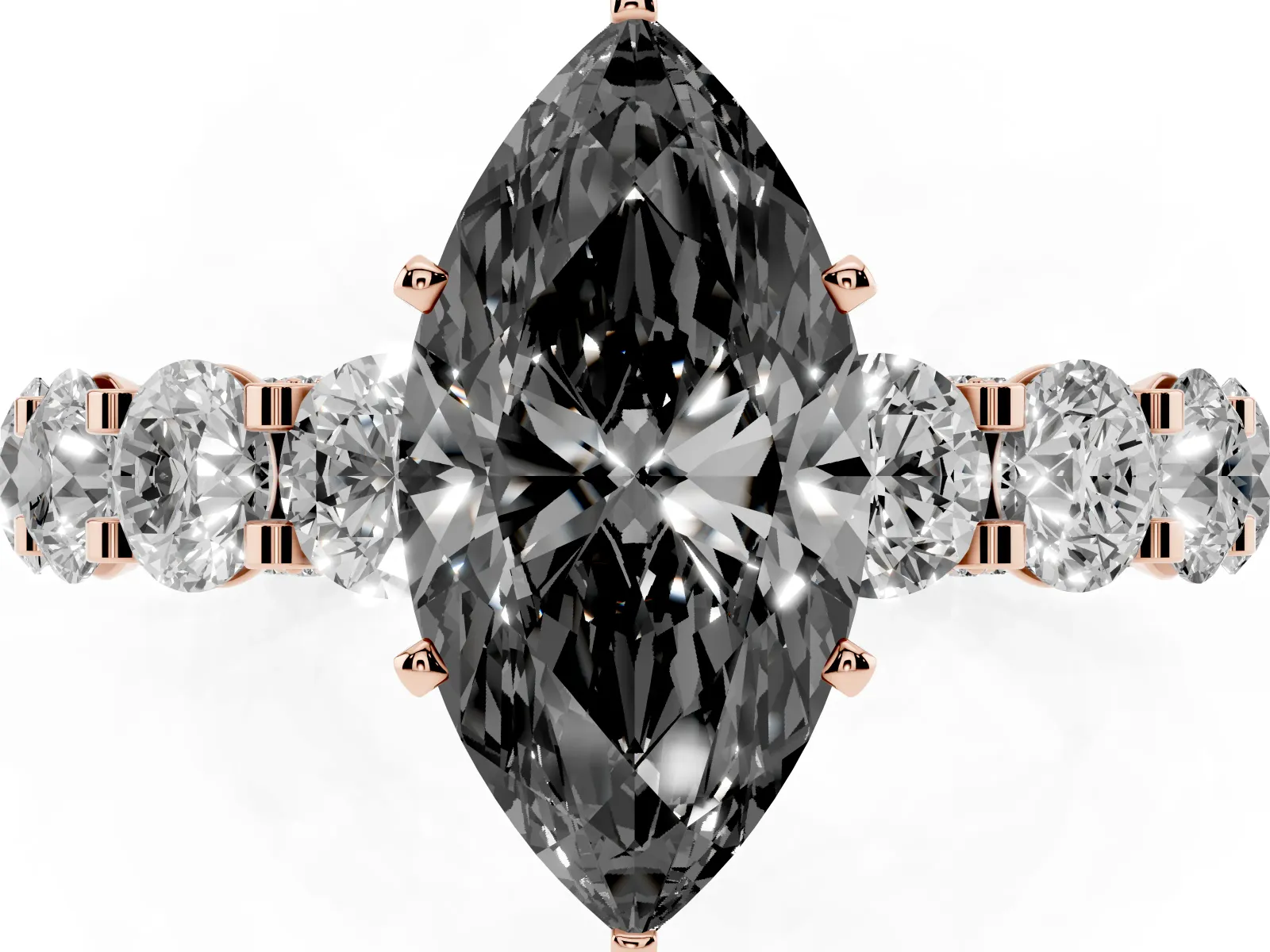 Fancy Black Marquise Cut Diamond Side Stone Engagement Ring with Four-Prong Setting Rose gold