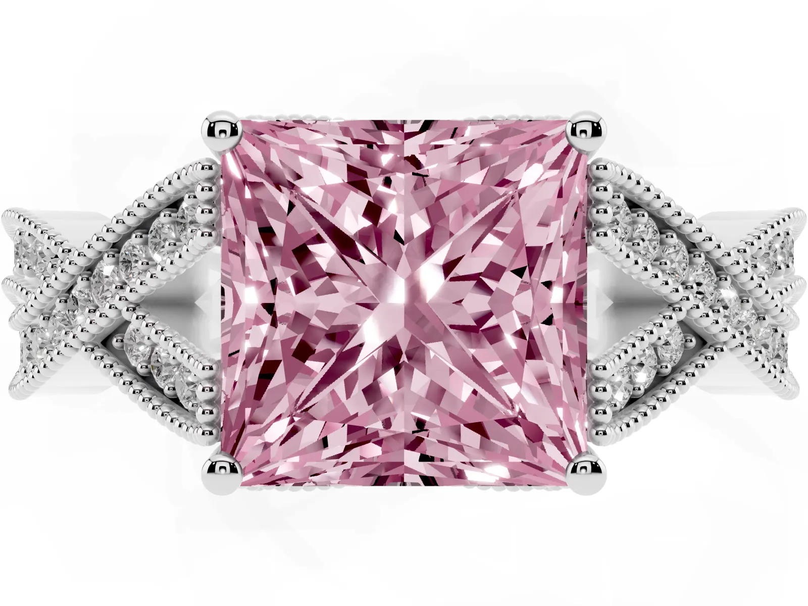Fancy Pink Princess Cut Cut Diamond Twisted Band with Milgrain Pave Setting and Four-Prong Setting Platinum
