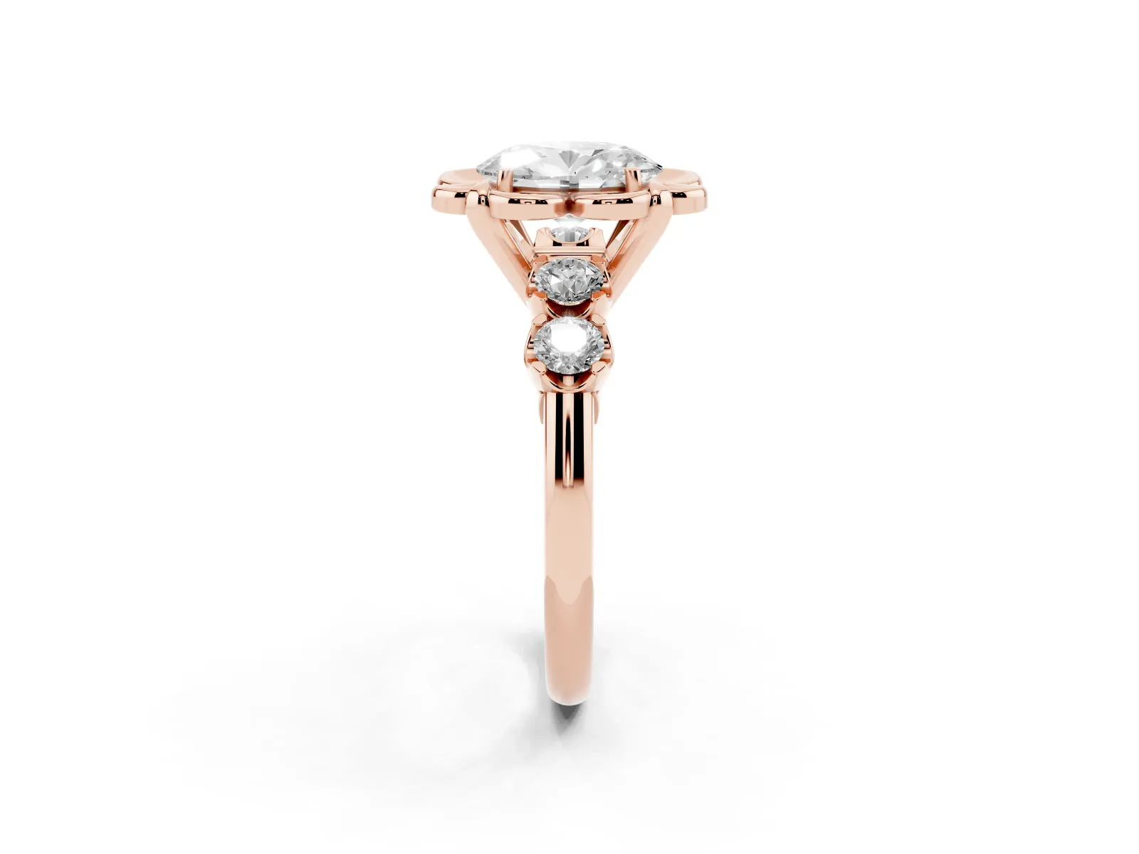 Oval Cut Cut Diamond Floral Halo Engagement Ring with Shared Prong Setting Rose gold